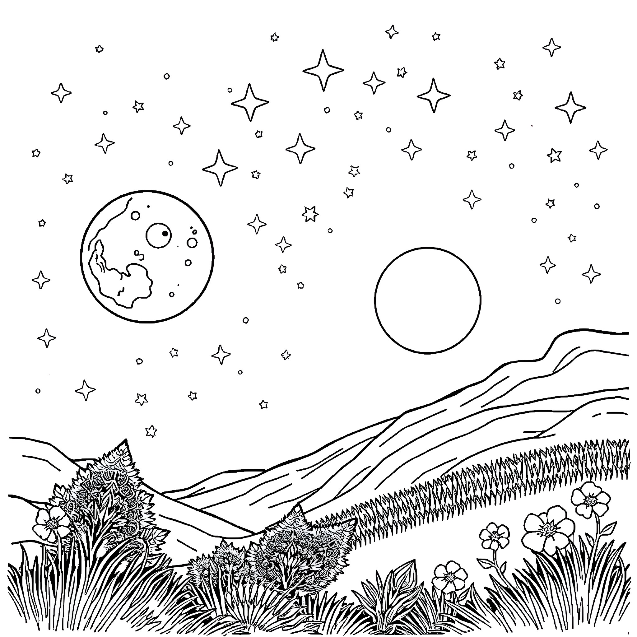 Moon embracing the night sky with twinkling stars Coloring Page (free black-and-white line drawing printable PDF for all, from beginners to advanced learners, including children, teens, adults, and seniors)