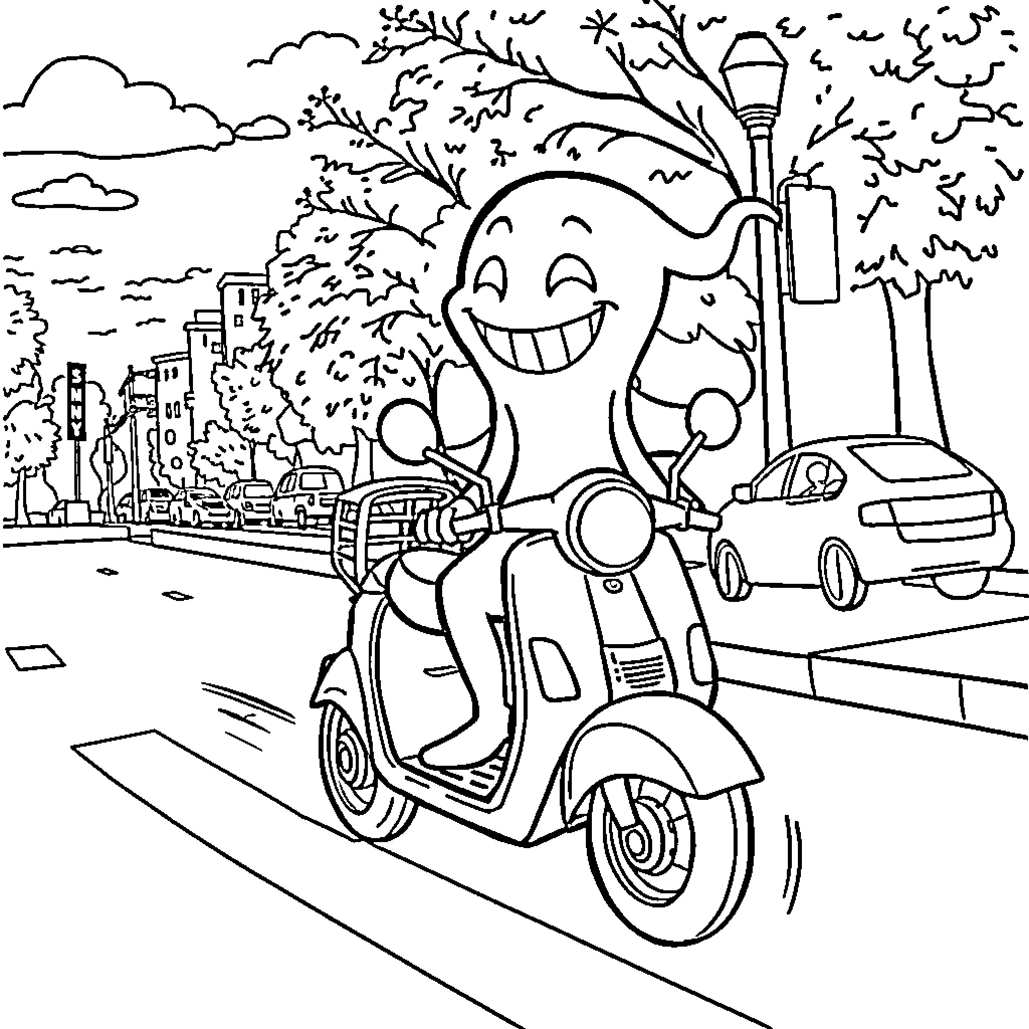 Ghost on a joyful scooter ride through the city Coloring Page (free black-and-white line drawing printable PDF for all, from beginners to advanced learners, including children, teens, adults, and seniors)