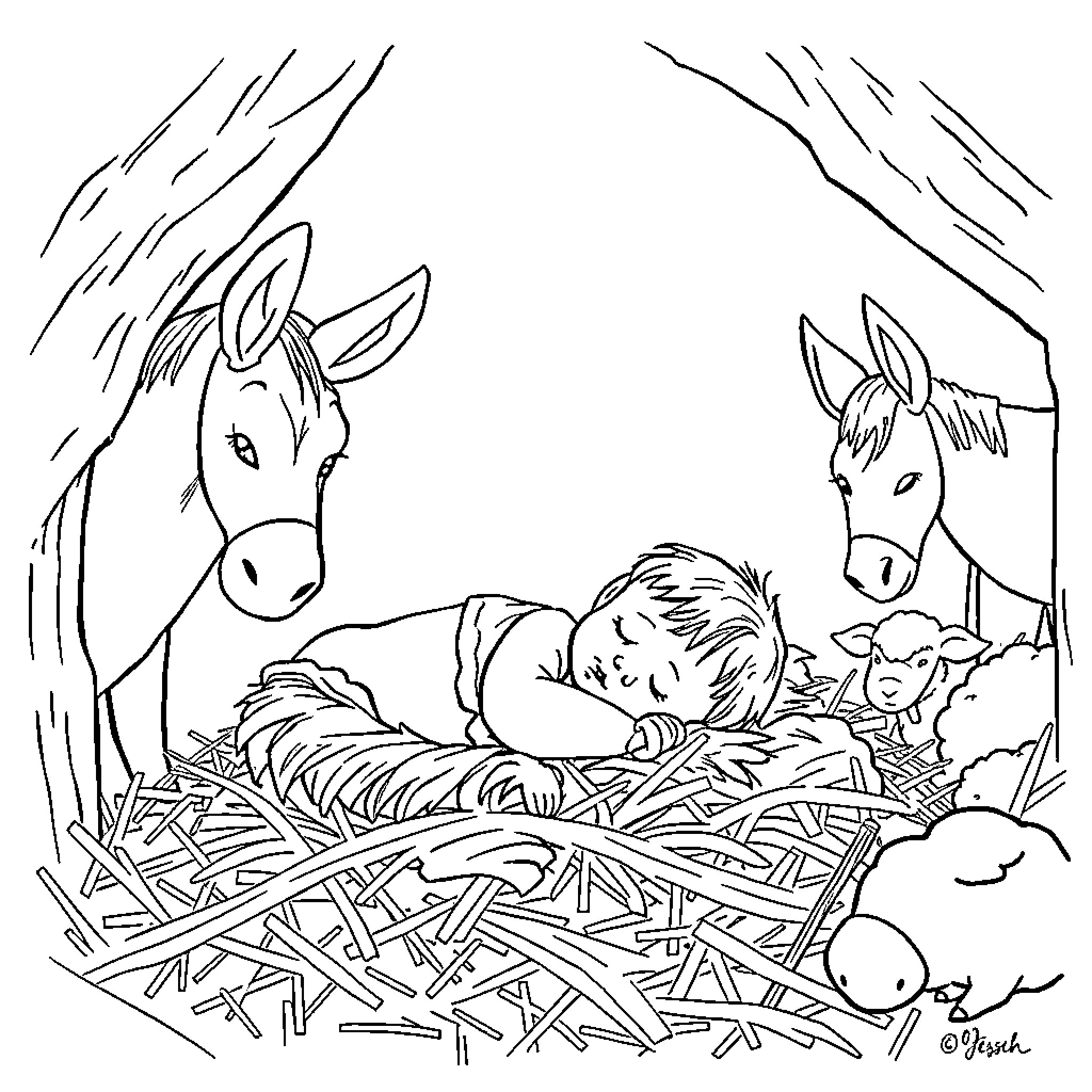 Baby Jesus sleeping peacefully in the manger Coloring Page (free black-and-white line drawing printable PDF for all, from beginners to advanced learners, including children, teens, adults, and seniors)