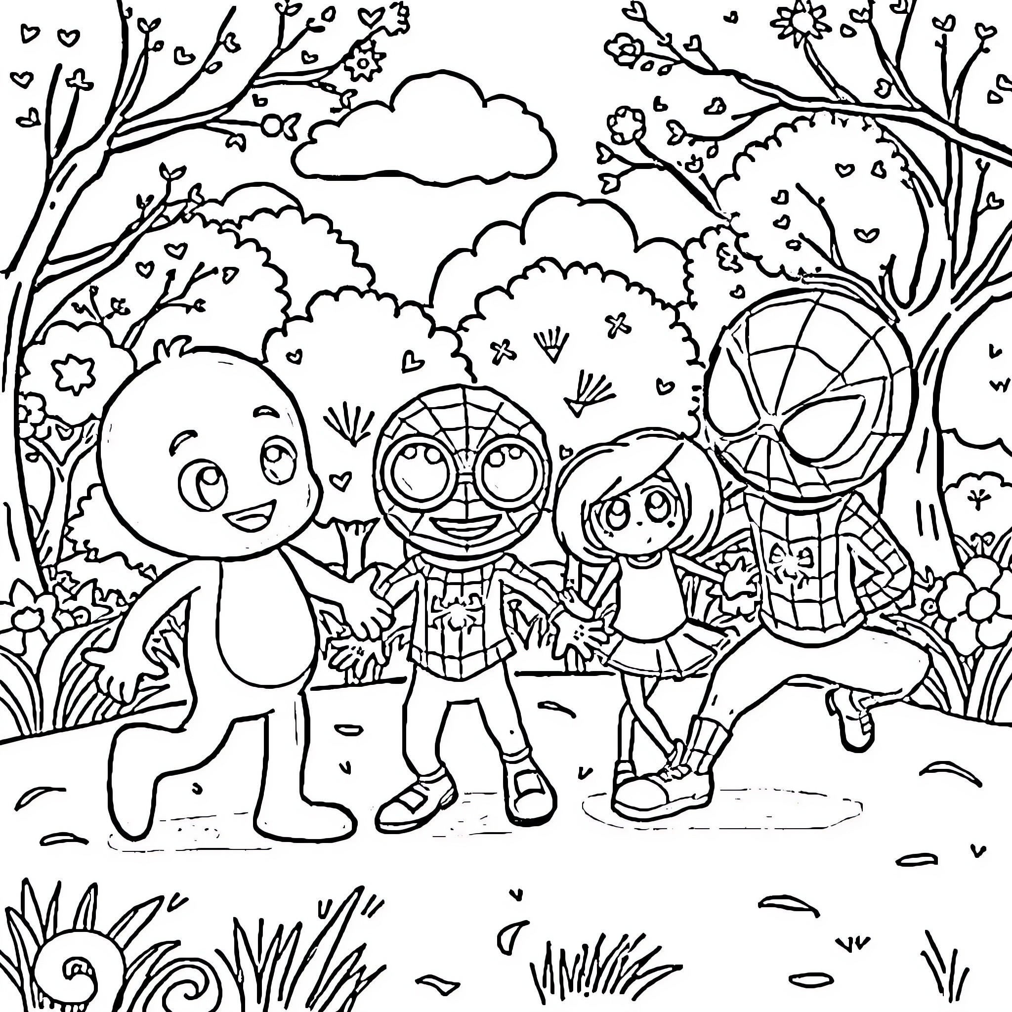 Bluey and friends explore the enchanted forest Coloring Page (free black-and-white line drawing printable PDF for all, from beginners to advanced learners, including children, teens, adults, and seniors)