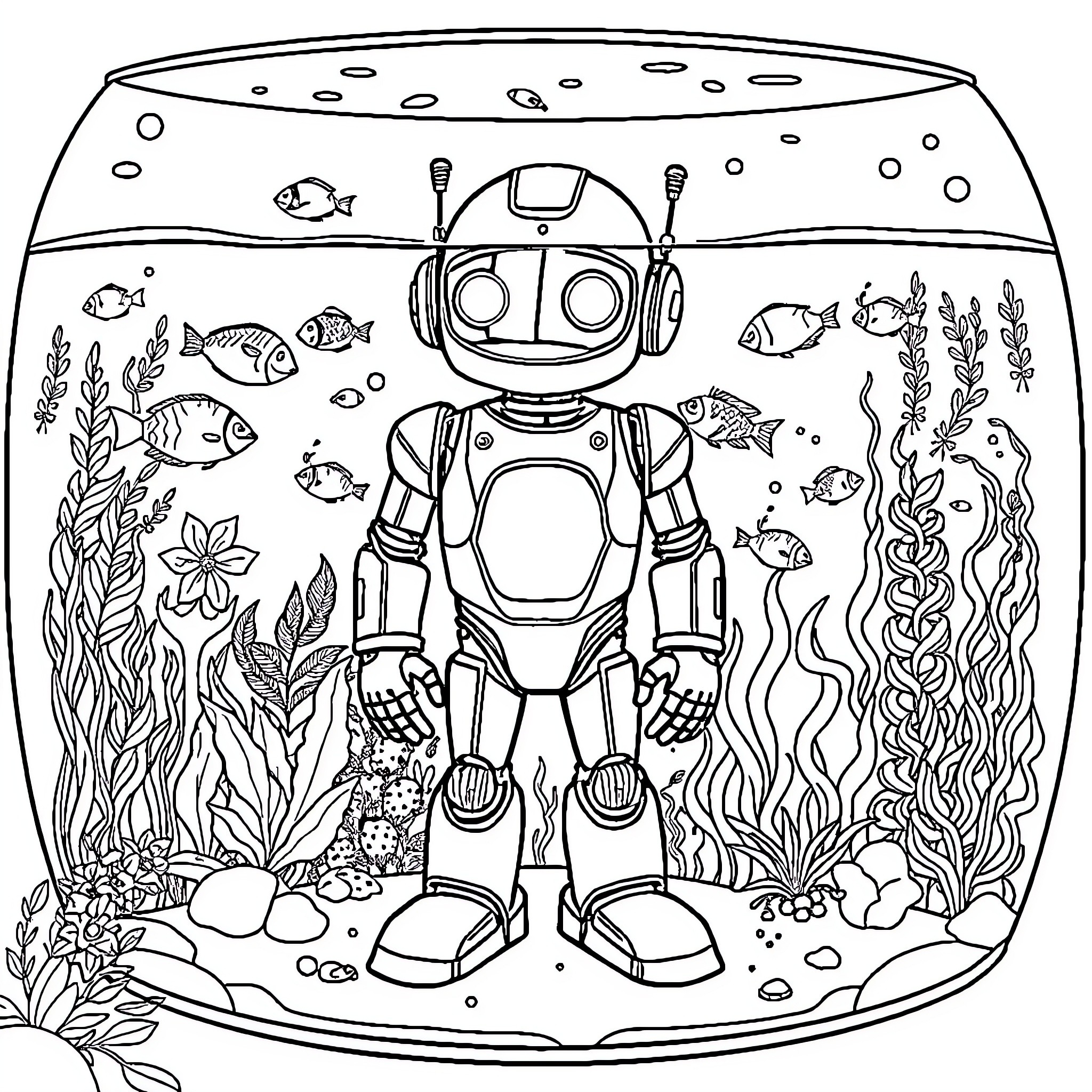 Robot exploring the underwater sea world Coloring Page (free black-and-white line drawing printable PDF for all, from beginners to advanced learners, including children, teens, adults, and seniors)