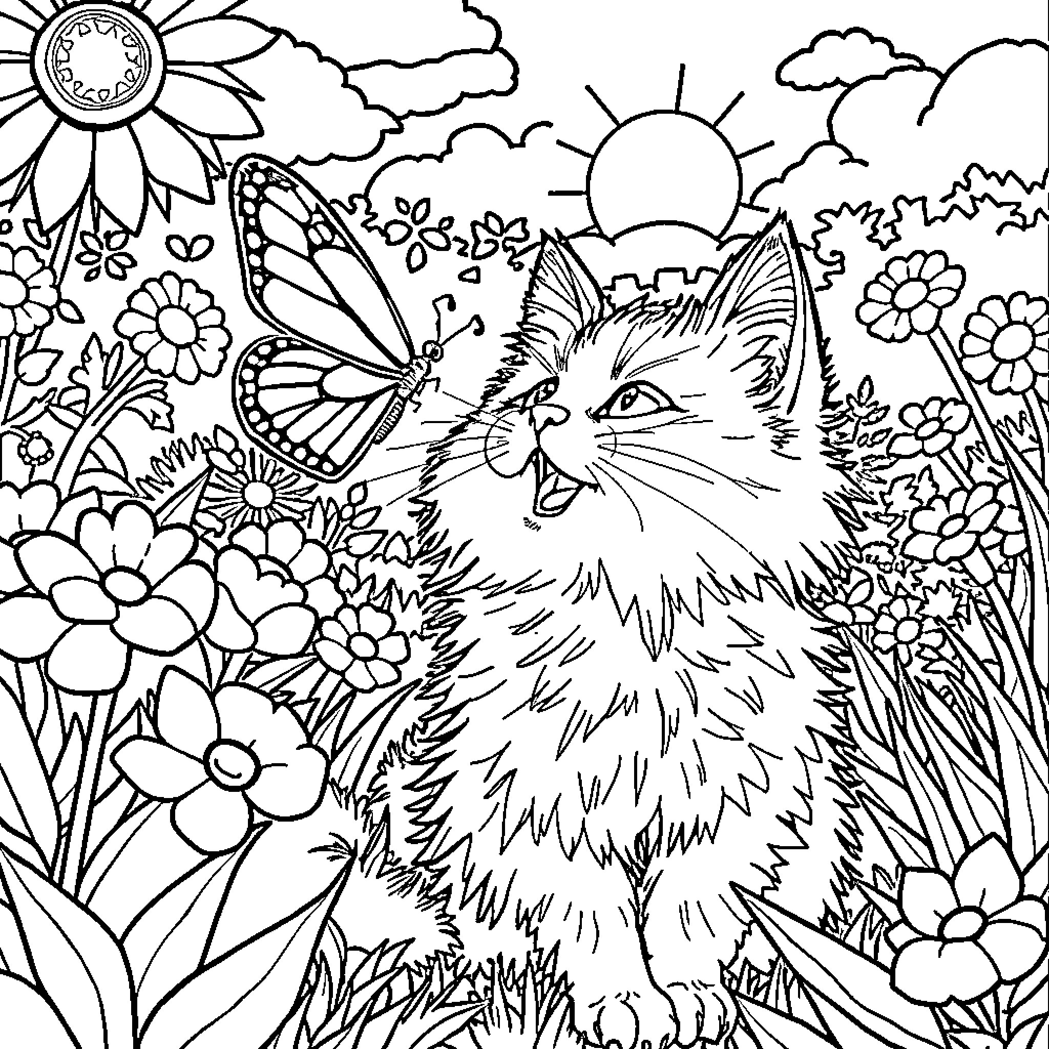 Cat in Flower Garden Coloring Page (free black-and-white line drawing printable PDF for all, from beginners to advanced learners, including children, teens, adults, and seniors)