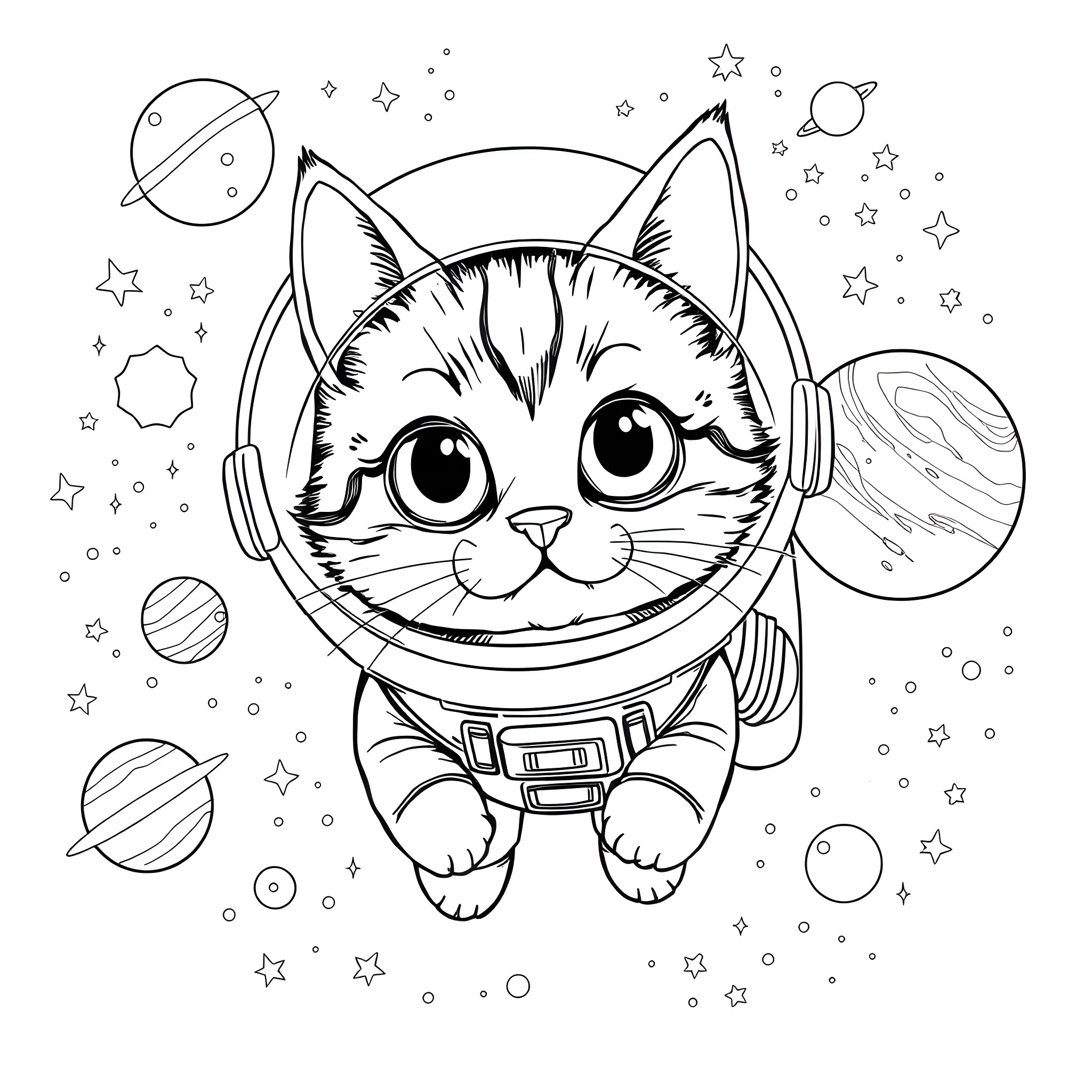 Cat Astronaut exploring the Cosmos Coloring Page (free black-and-white line drawing printable PDF for all, from beginners to advanced learners, including children, teens, adults, and seniors)