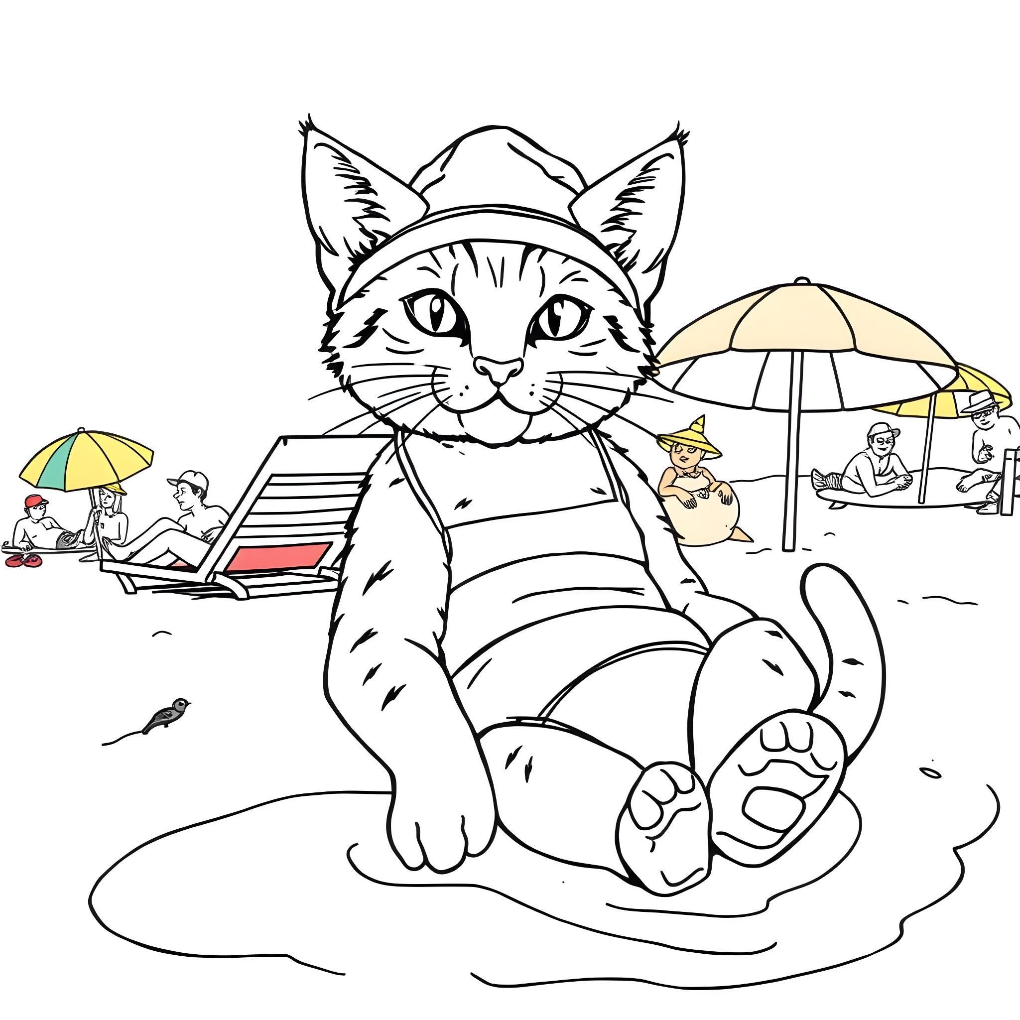 Wildcat enjoying a day at the beach Coloring Page (free black-and-white line drawing printable PDF for all, from beginners to advanced learners, including children, teens, adults, and seniors)