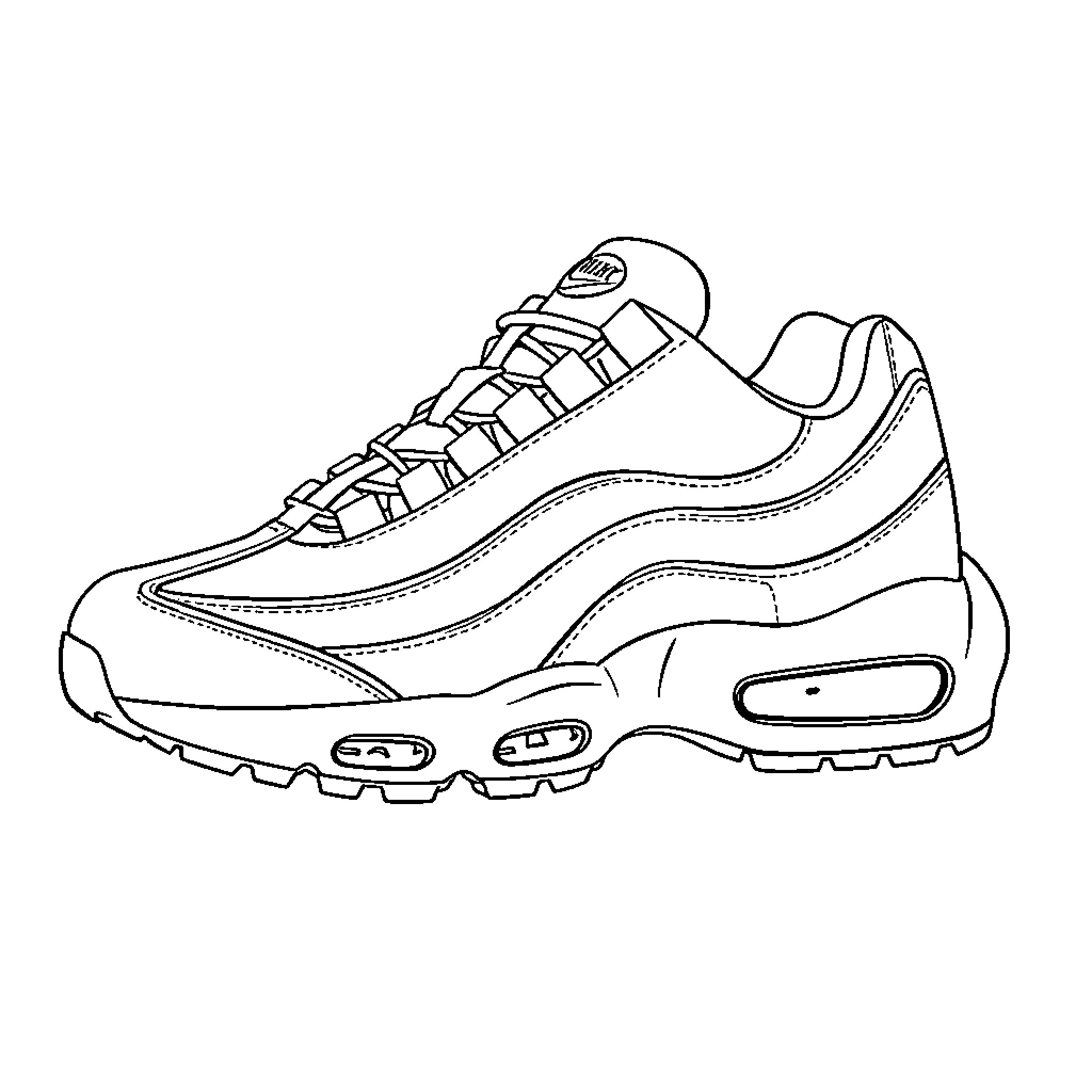 Air Max 95 Sneaker Outline Coloring Page (free black-and-white line drawing printable PDF for all, from beginners to advanced learners, including children, teens, adults, and seniors)