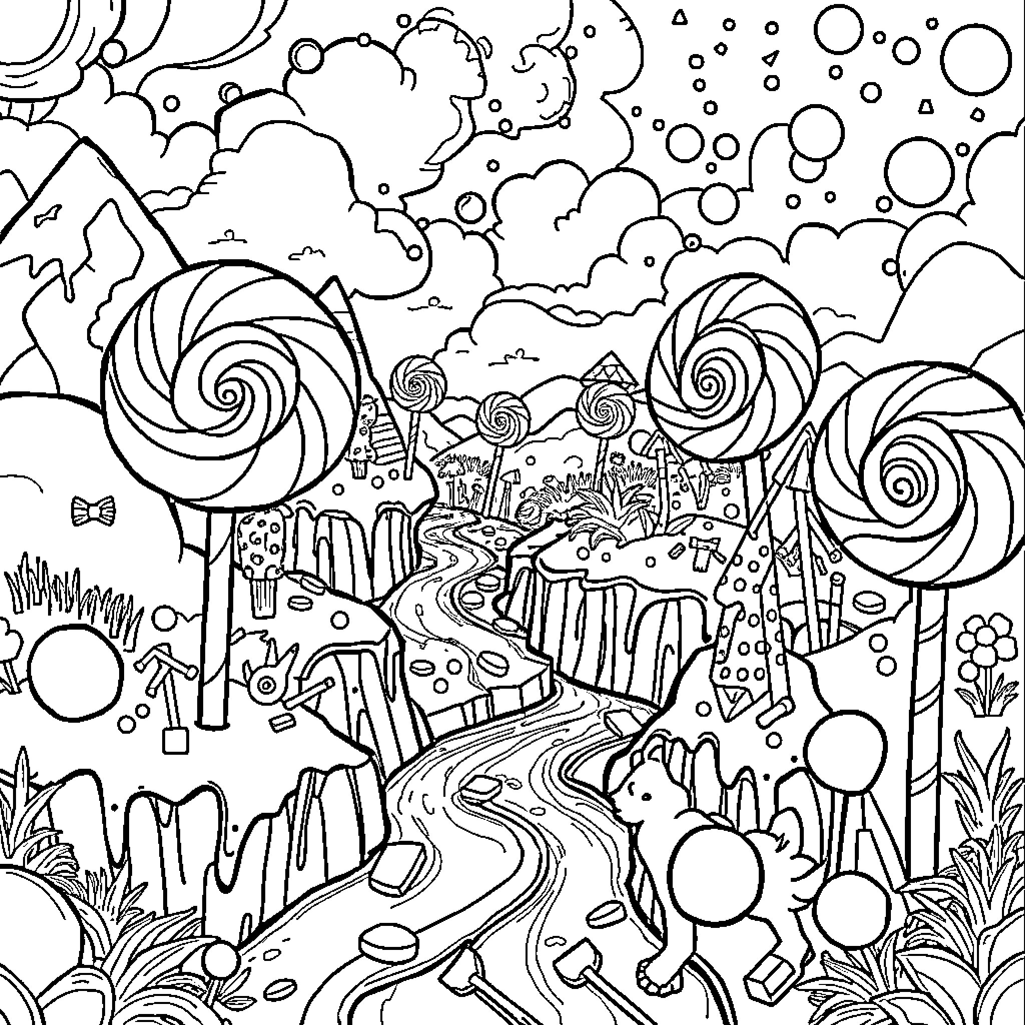 Candyland: Whimsical Journey through a Surreal Landscape Coloring Page (free black-and-white line drawing printable PDF for all, from beginners to advanced learners, including children, teens, adults, and seniors)