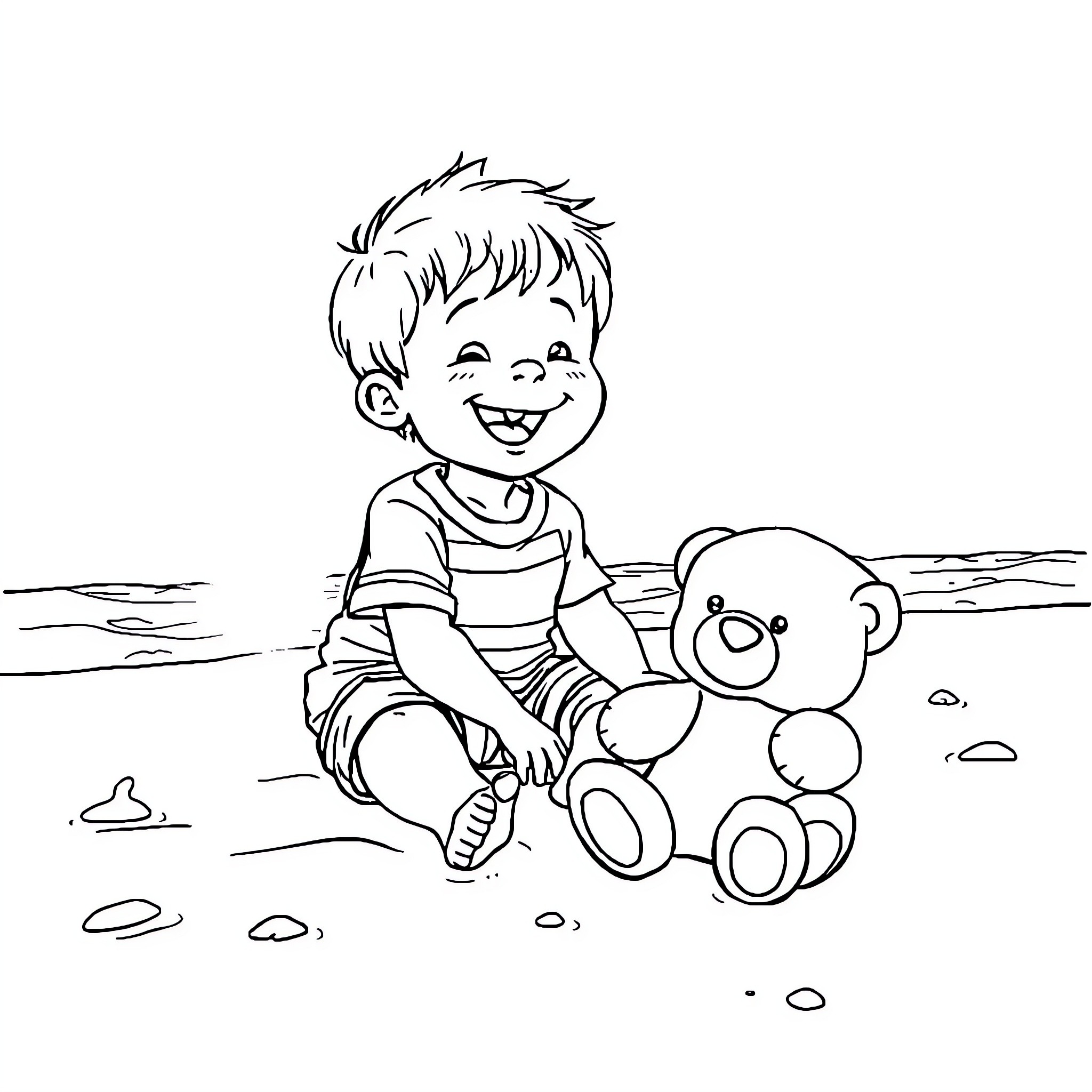 Child playing happily with stuffed animal on the beach Coloring Page (free black-and-white line drawing printable PDF for all, from beginners to advanced learners, including children, teens, adults, and seniors)