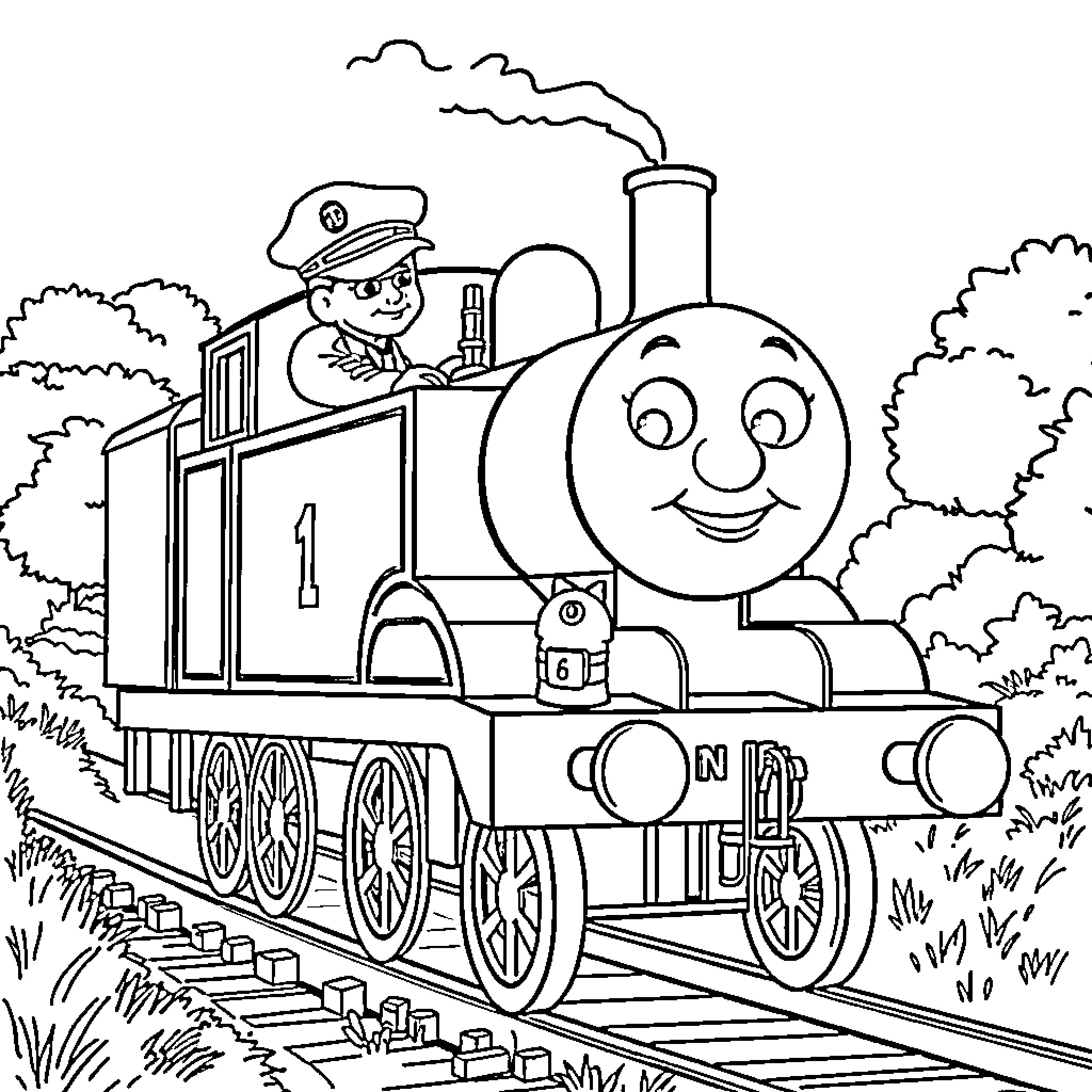 Postman Pat operating a smiling locomotive engine Coloring Page (free black-and-white line drawing printable PDF for all, from beginners to advanced learners, including children, teens, adults, and seniors)