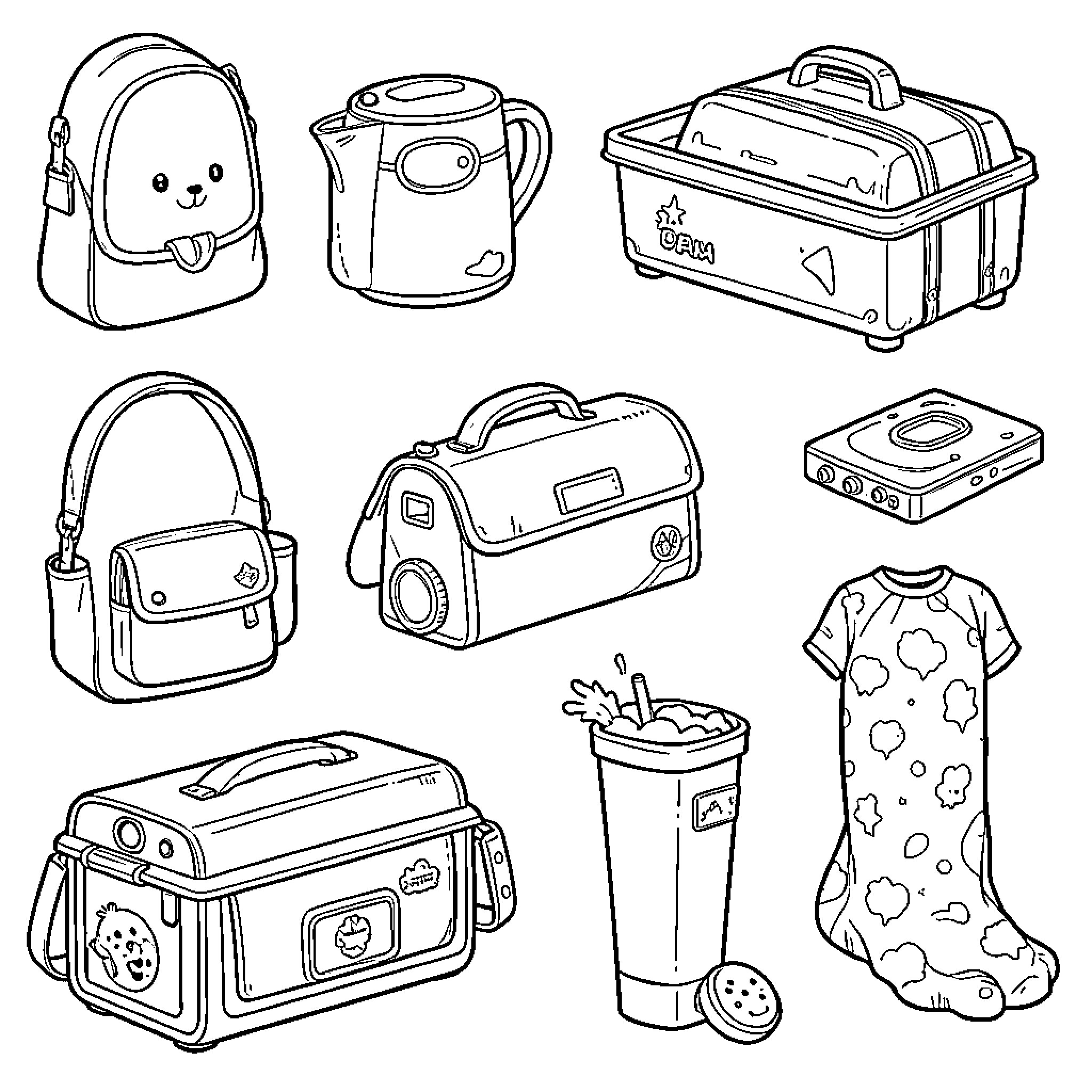 Separate collection of various everyday household items Coloring Page (free black-and-white line drawing printable PDF for all, from beginners to advanced learners, including children, teens, adults, and seniors)