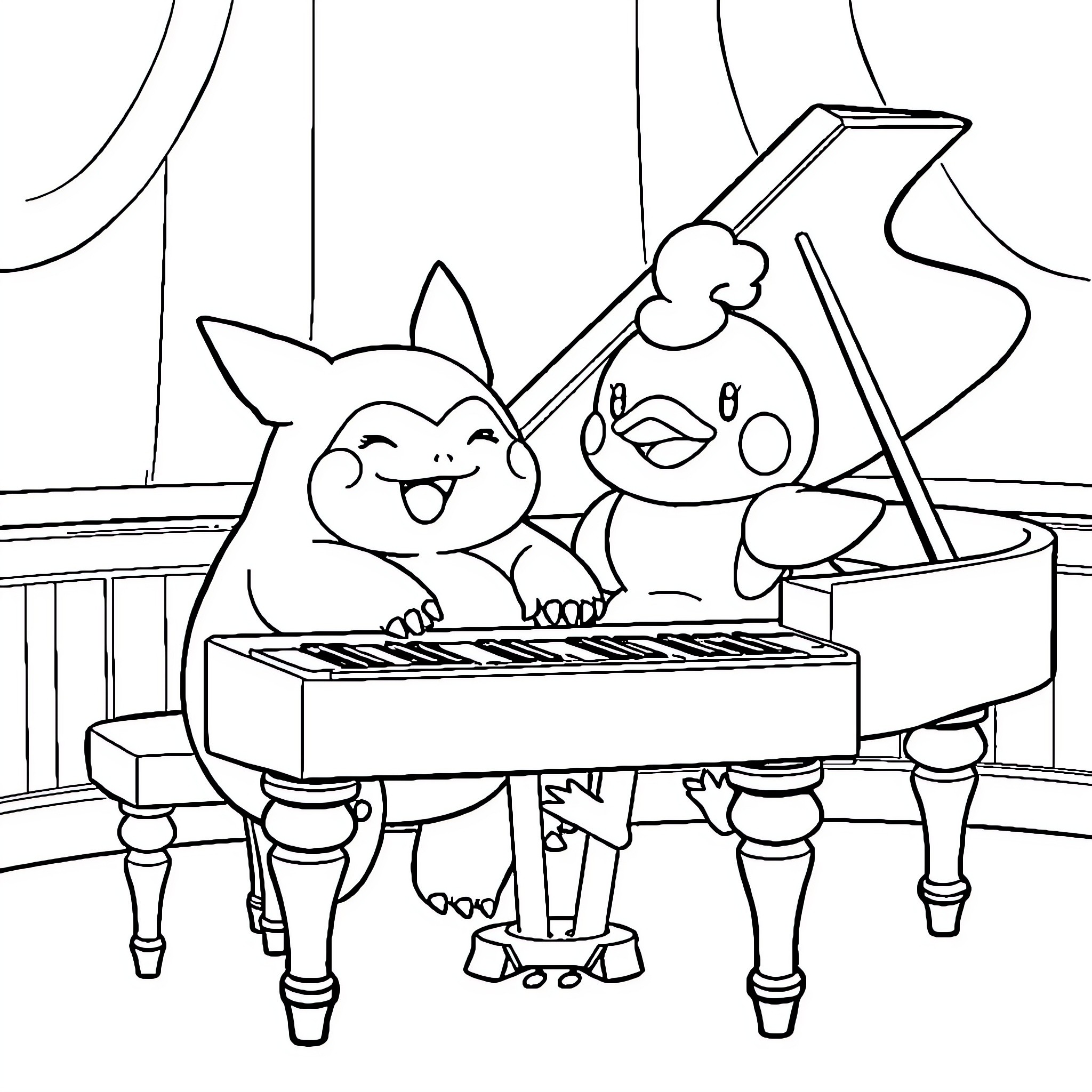 Snorlax playing piano with Pikachu in a music room Coloring Page (free black-and-white line drawing printable PDF for all, from beginners to advanced learners, including children, teens, adults, and seniors)
