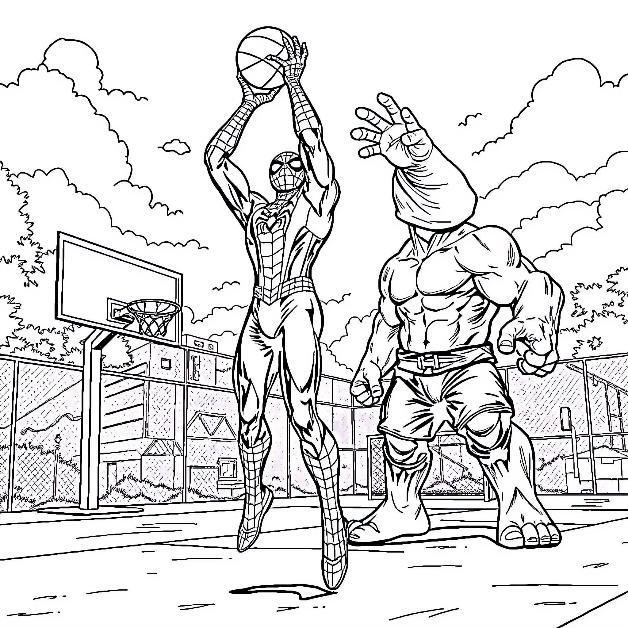 Spiderman's heroic basketball duel with a muscular rival Coloring Page (free black-and-white line drawing printable PDF for all, from beginners to advanced learners, including children, teens, adults, and seniors)