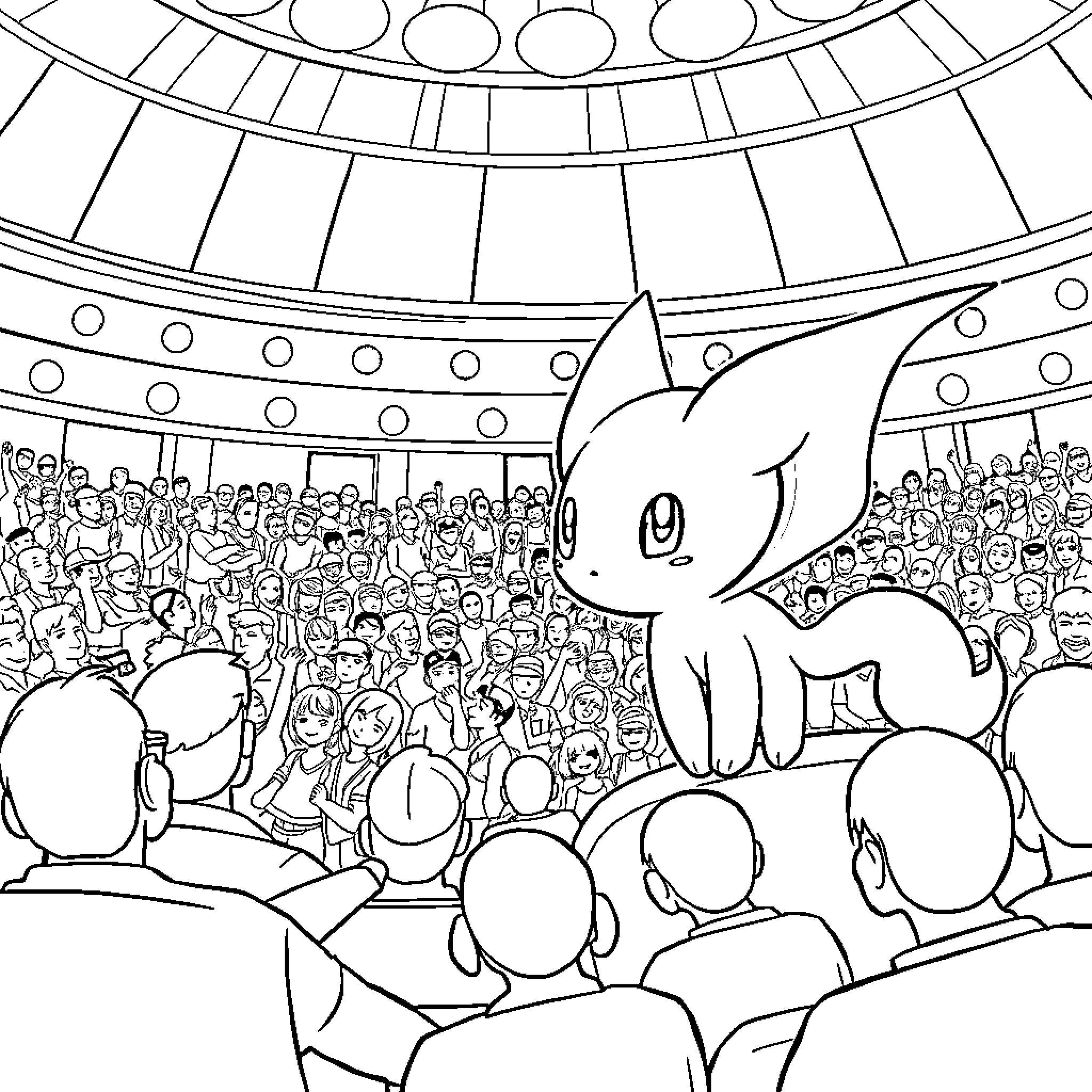 Mew Performing for a Crowd in a Colorful Arena Coloring Page (free black-and-white line drawing printable PDF for all, from beginners to advanced learners, including children, teens, adults, and seniors)