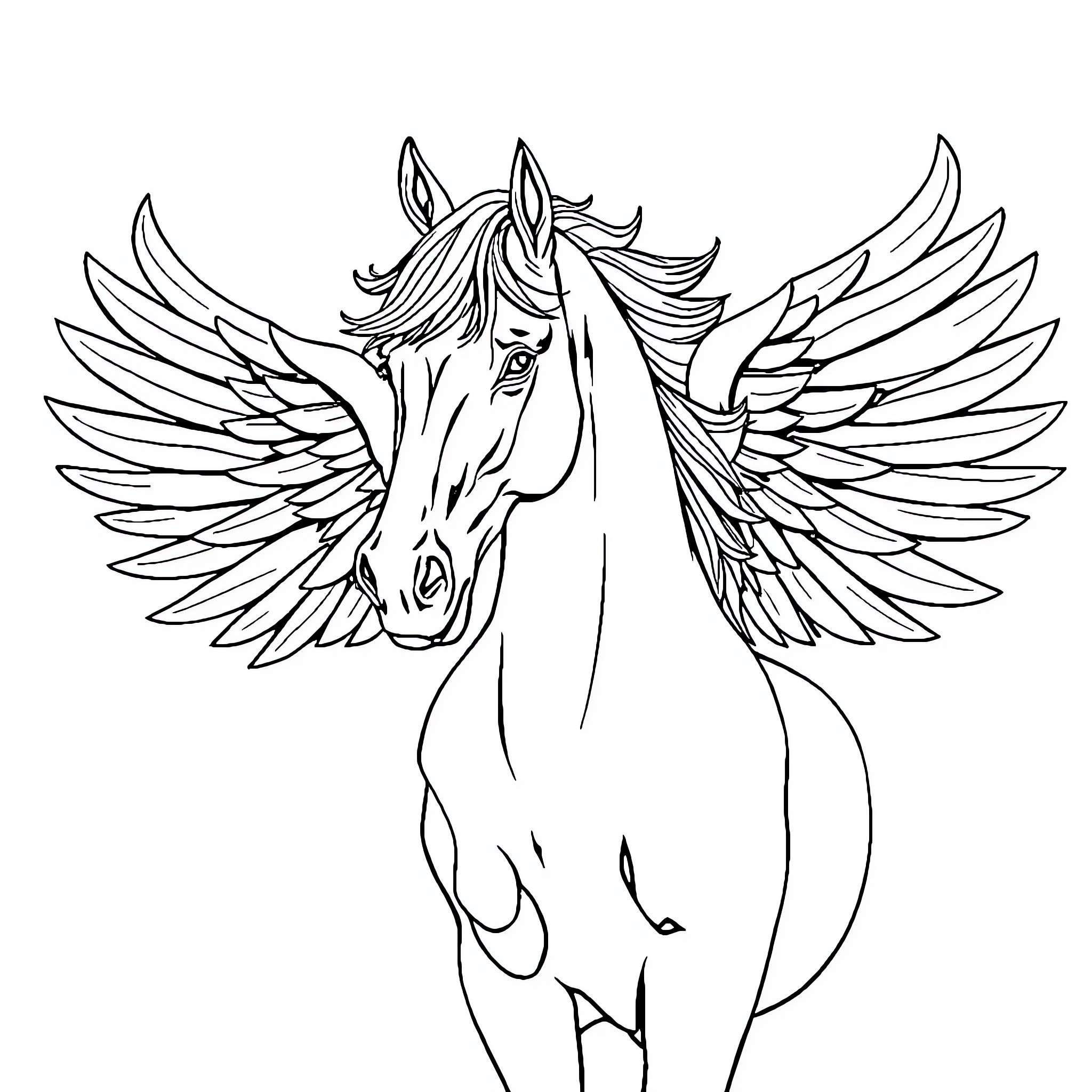 Pegasus with Majestic Wings in Motion Coloring Page (free black-and-white line drawing printable PDF for all, from beginners to advanced learners, including children, teens, adults, and seniors)