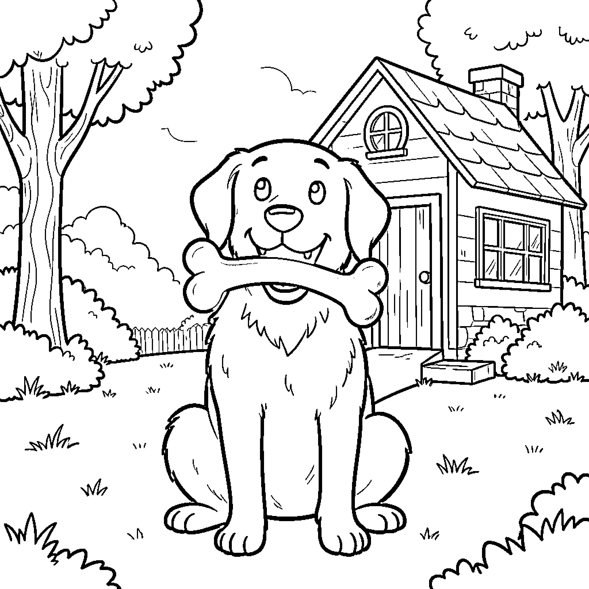 Dog with a Bone Enjoying Backyard Scenery Coloring Page (free black-and-white line drawing printable PDF for all, from beginners to advanced learners, including children, teens, adults, and seniors)