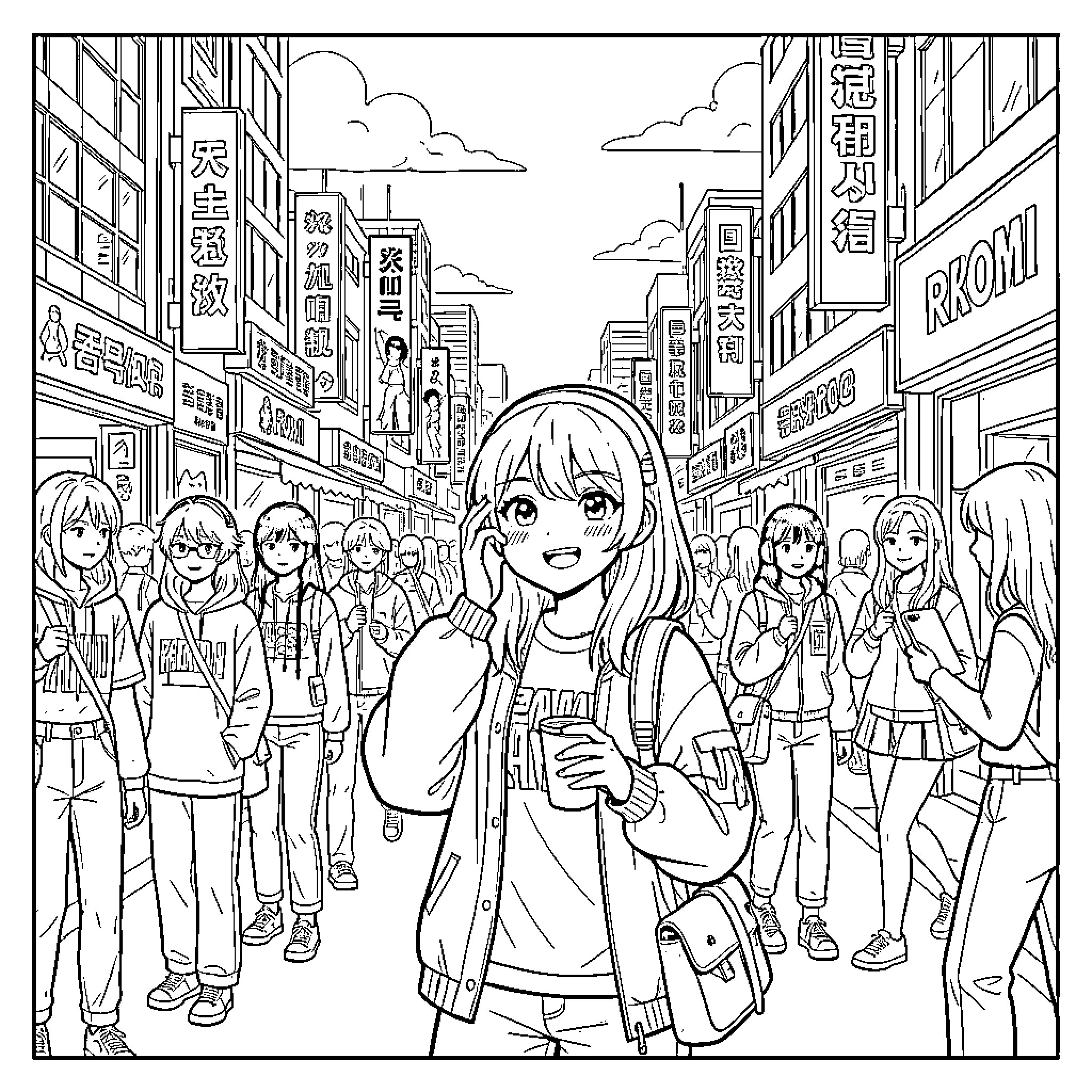 Romi walking through a crowded city street Coloring Page (free black-and-white line drawing printable PDF for all, from beginners to advanced learners, including children, teens, adults, and seniors)