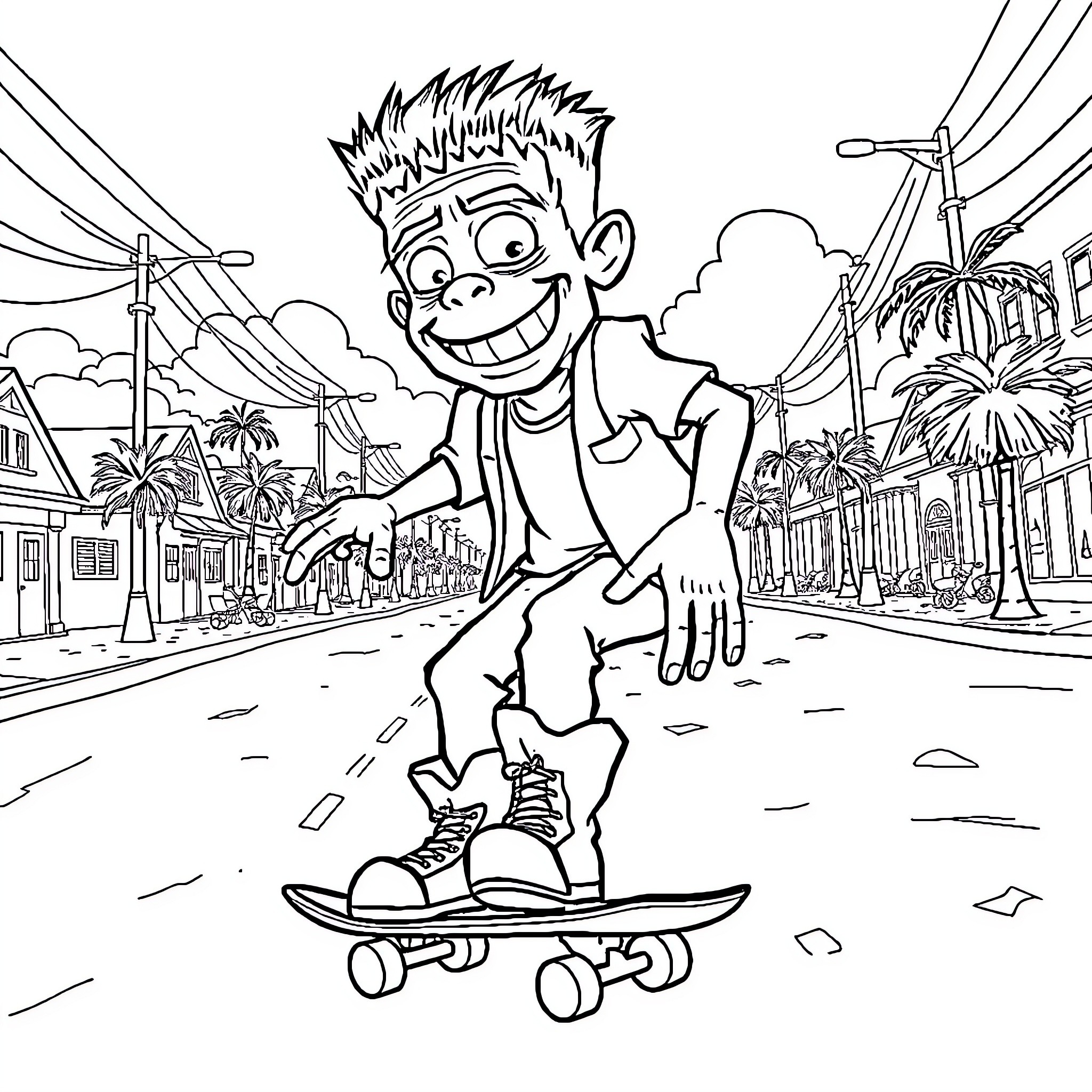 Frankenstein skateboarding through a lively town Coloring Page (free black-and-white line drawing printable PDF for all, from beginners to advanced learners, including children, teens, adults, and seniors)