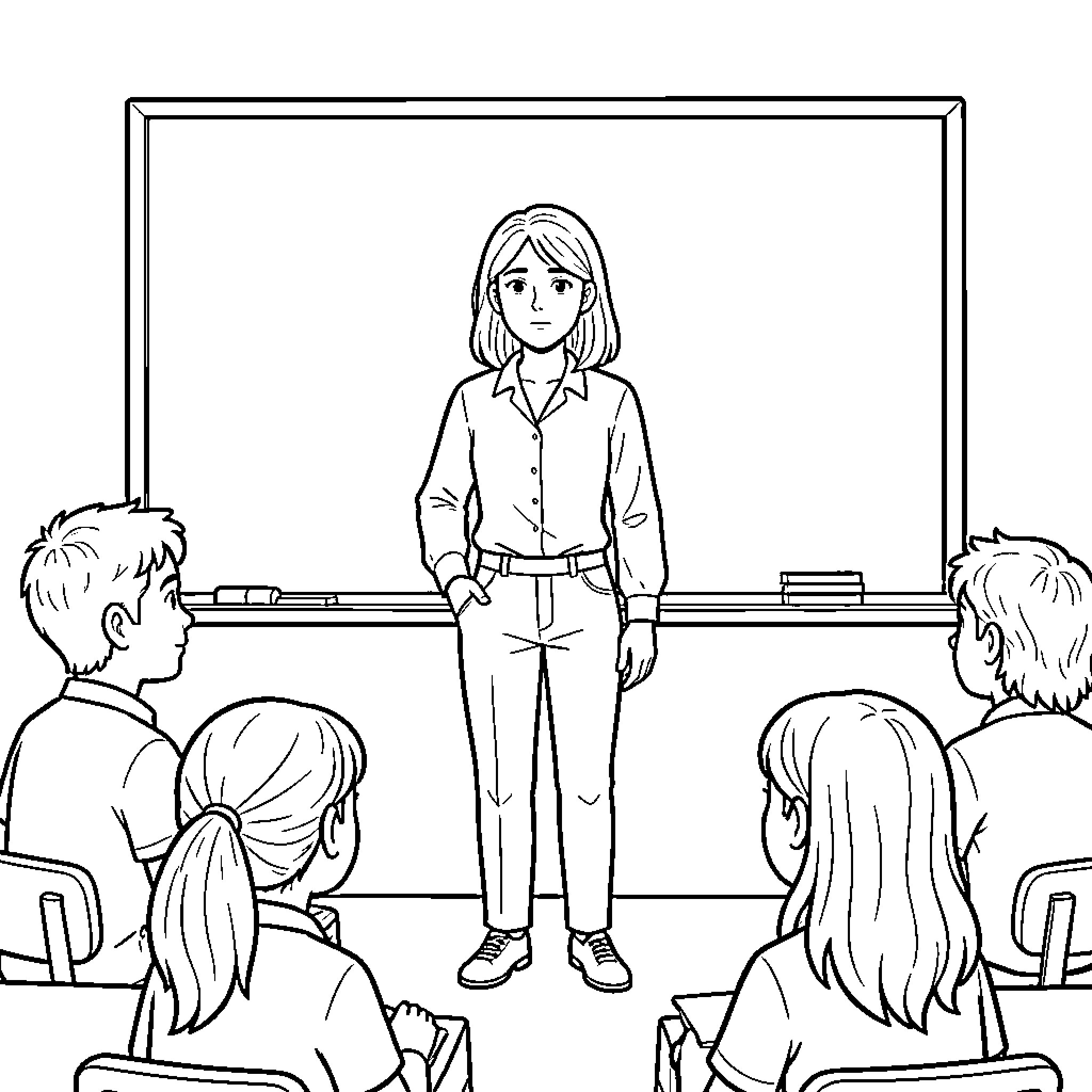 Teacher standing in front of students in a classroom Coloring Page (free black-and-white line drawing printable PDF for all, from beginners to advanced learners, including children, teens, adults, and seniors)