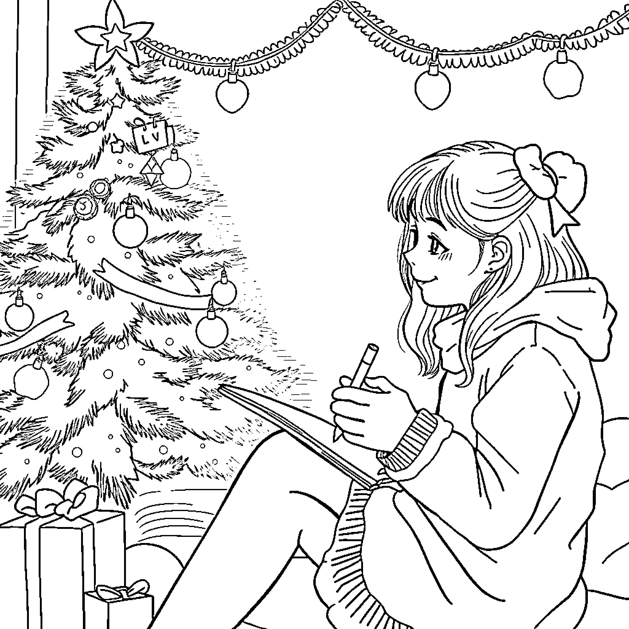 Girl decorating Christmas tree and presents Coloring Page (free black-and-white line drawing printable PDF for all, from beginners to advanced learners, including children, teens, adults, and seniors)