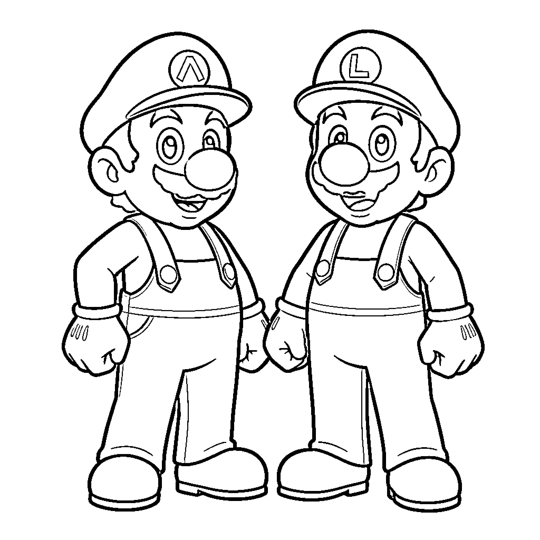 Mario and Luigi in Cheerful Adventure Coloring Page (free black-and-white line drawing printable PDF for all, from beginners to advanced learners, including children, teens, adults, and seniors)