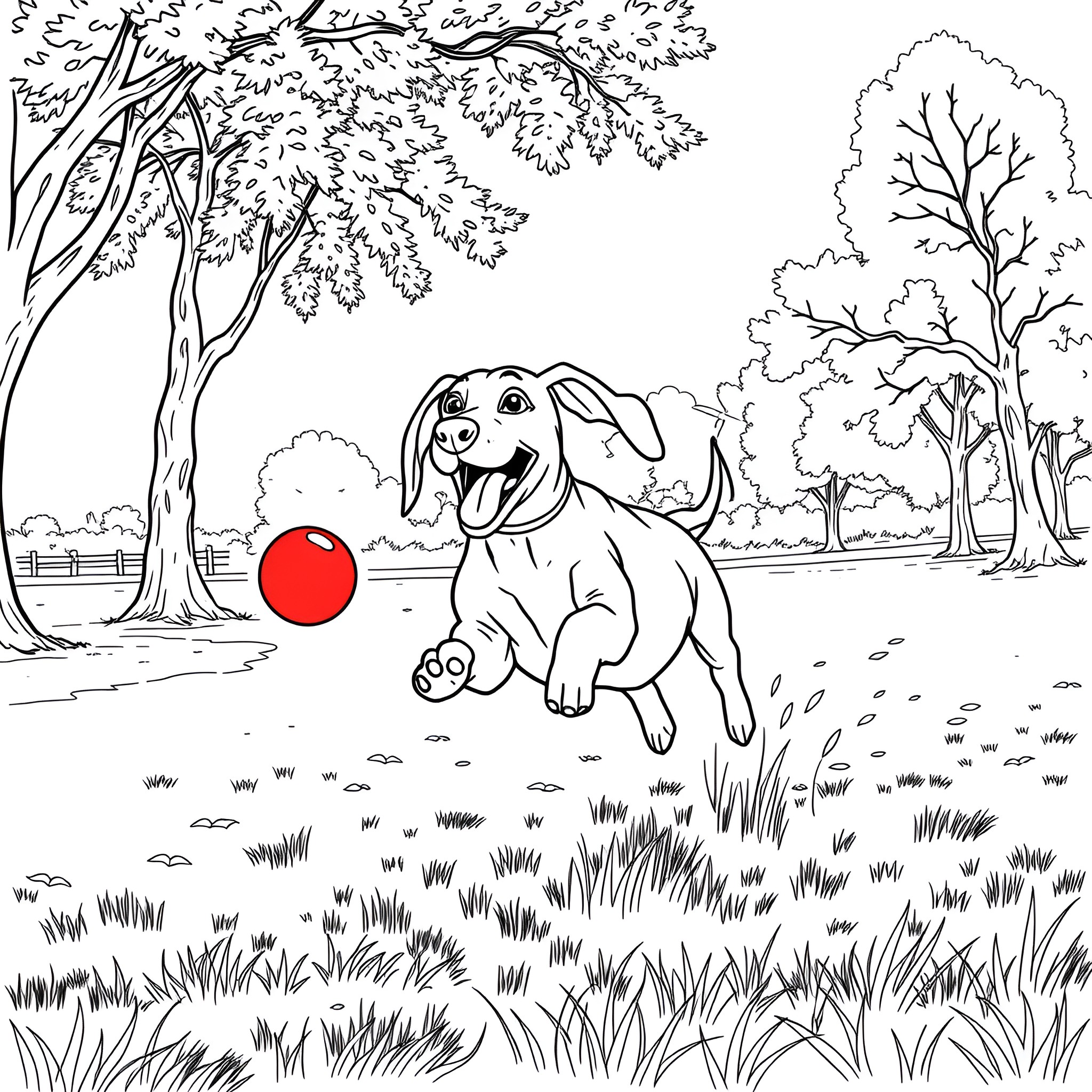 Wiener Dog Happily Playing with a Ball in the Park Coloring Page (free black-and-white line drawing printable PDF for all, from beginners to advanced learners, including children, teens, adults, and seniors)