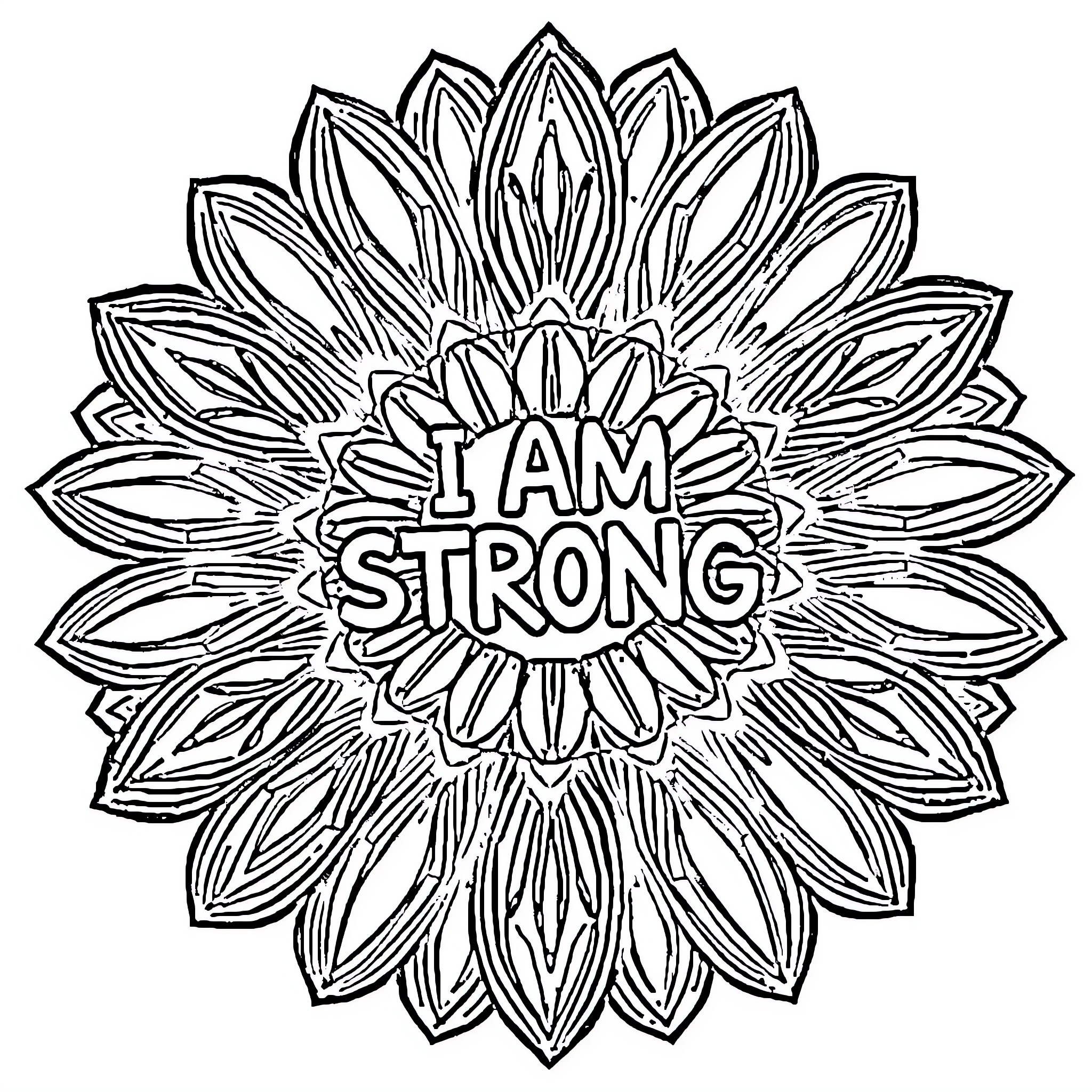 Flower with Empowering Message Coloring Page (free black-and-white line drawing printable PDF for all, from beginners to advanced learners, including children, teens, adults, and seniors)