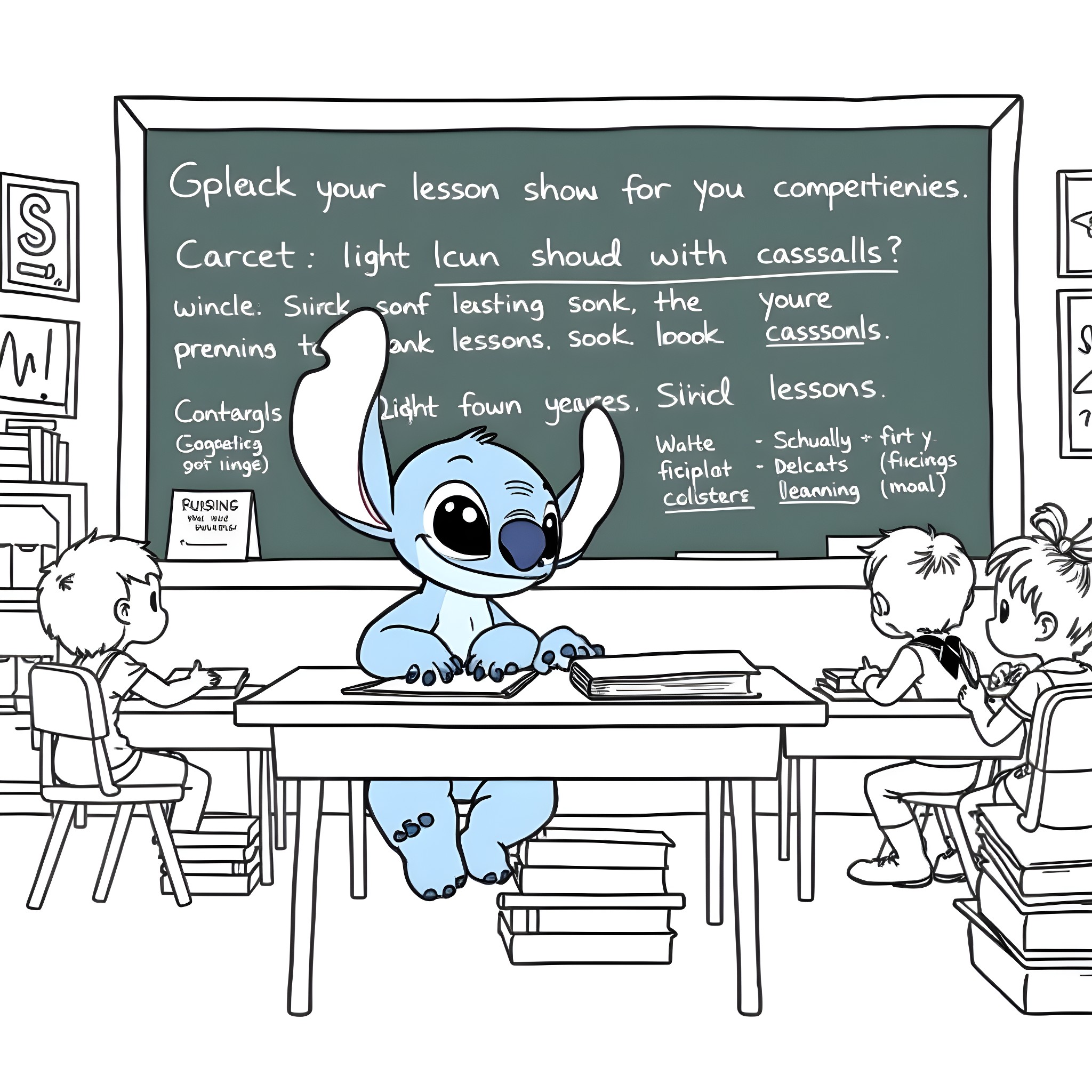 Stitch gives lesson in the classroom Coloring Page (free black-and-white line drawing printable PDF for all, from beginners to advanced learners, including children, teens, adults, and seniors)