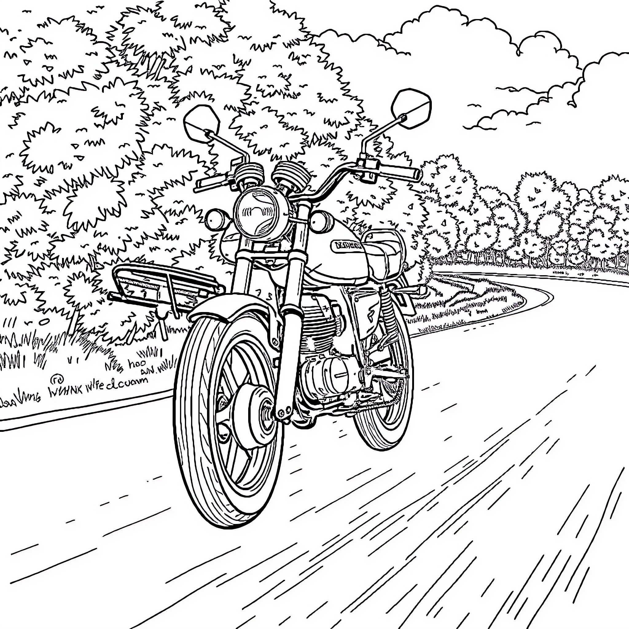 Honda CD 70 motorcycle on a scenic road Coloring Page (free black-and-white line drawing printable PDF for all, from beginners to advanced learners, including children, teens, adults, and seniors)