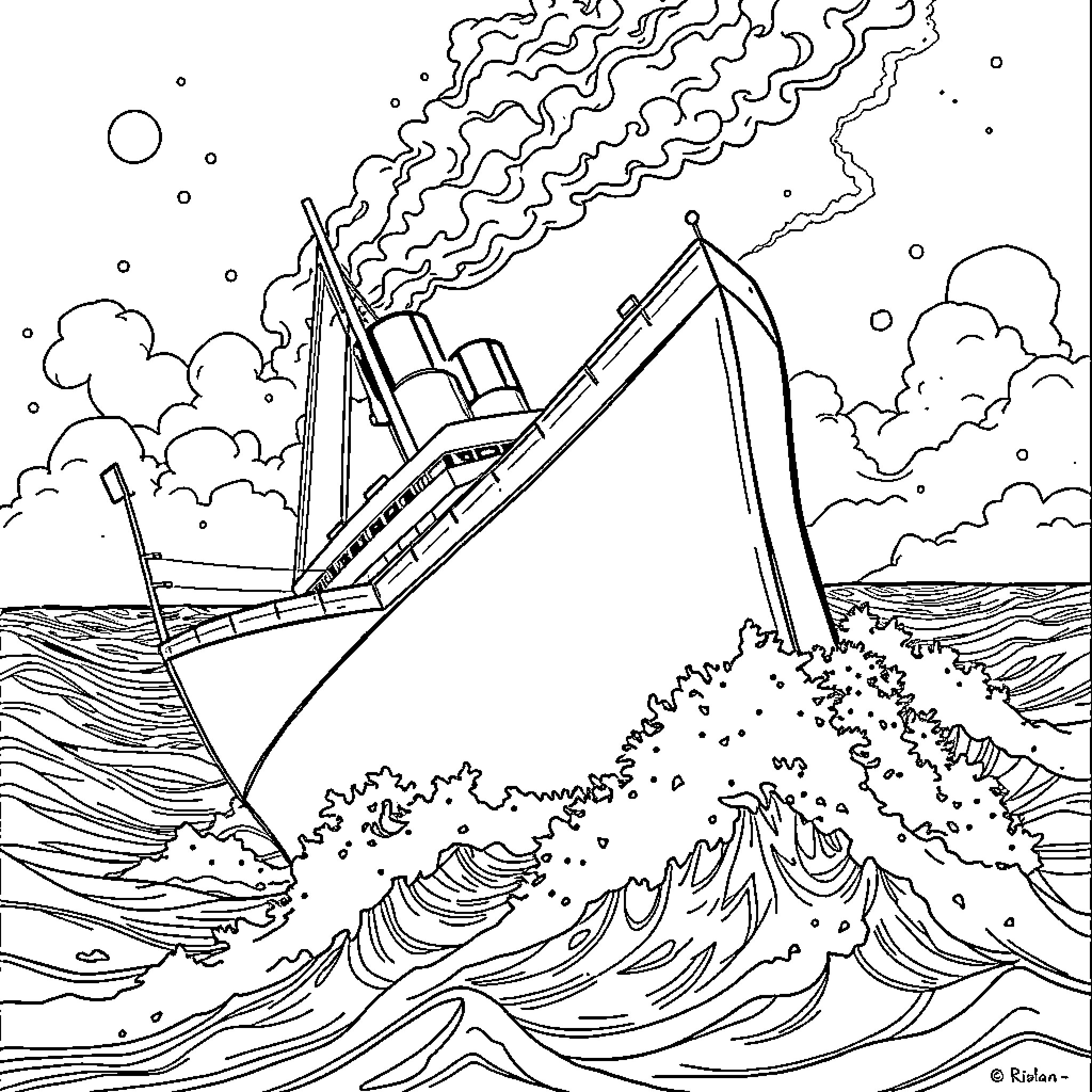 Titanic ship sinking amidst dramatic ocean waves Coloring Page (free black-and-white line drawing printable PDF for all, from beginners to advanced learners, including children, teens, adults, and seniors)