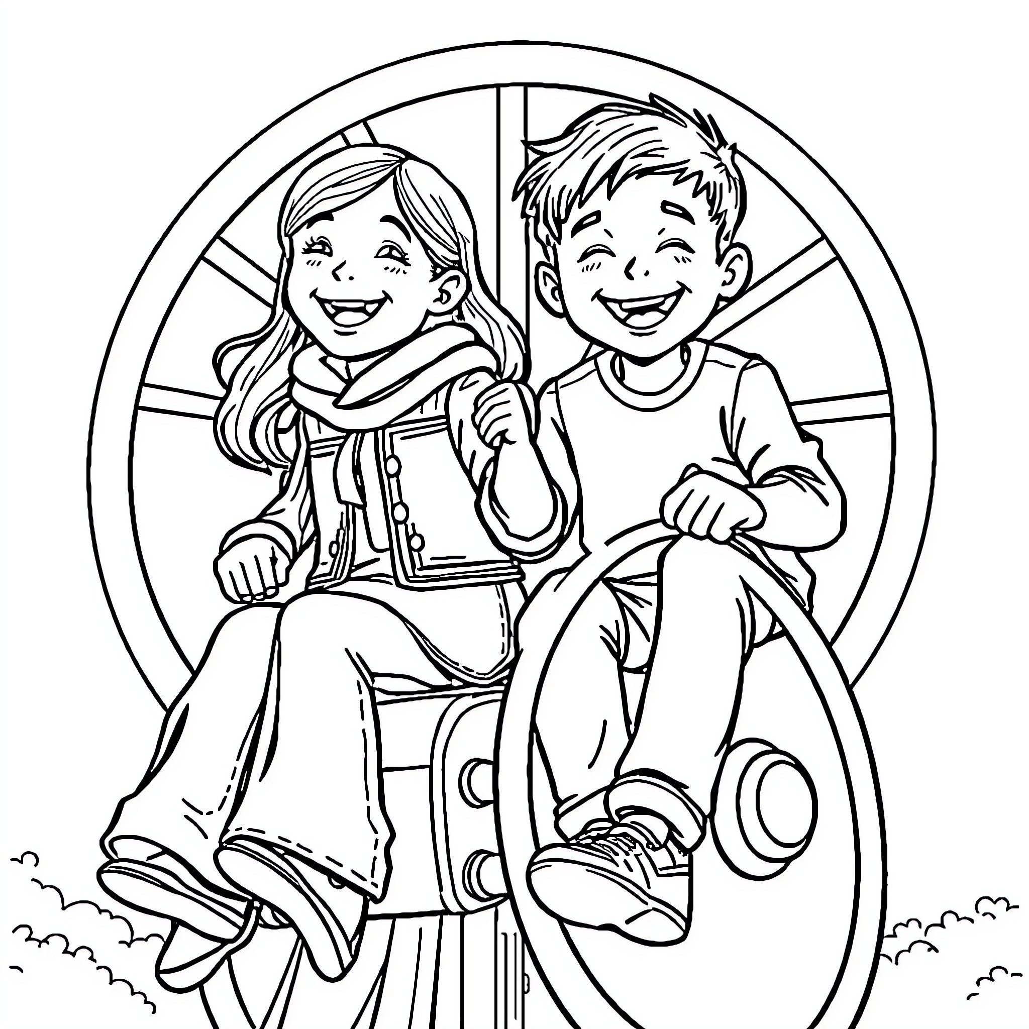Fille and Boy Sitting Together Happily Coloring Page (free black-and-white line drawing printable PDF for all, from beginners to advanced learners, including children, teens, adults, and seniors)