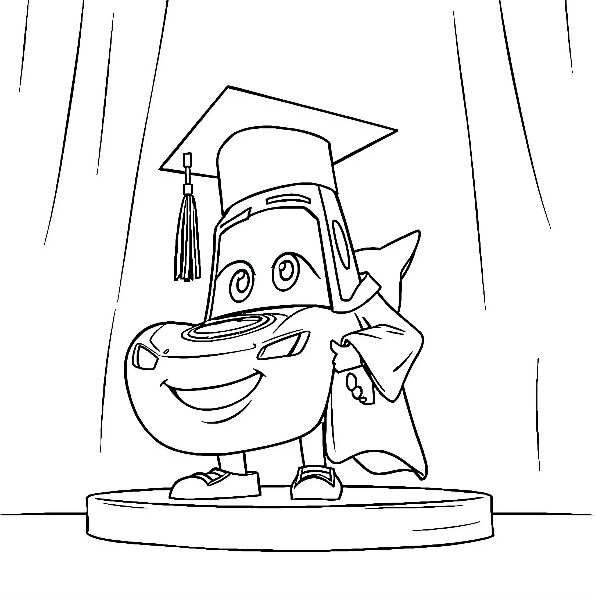 Lightning McQueen celebrating academic achievement Coloring Page (free black-and-white line drawing printable PDF for all, from beginners to advanced learners, including children, teens, adults, and seniors)