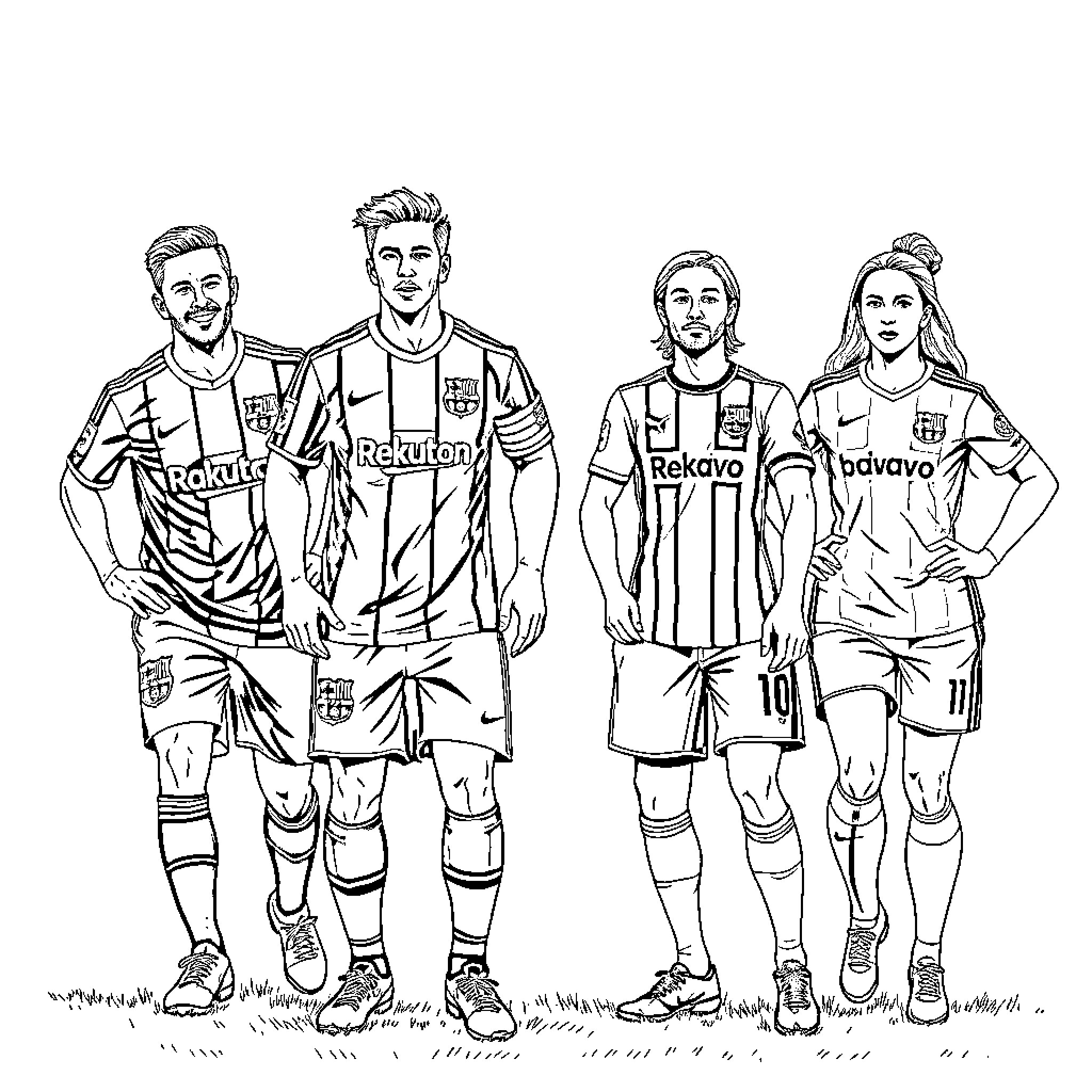 Equipo de futbol jugadores listos para competir Coloring Page (free black-and-white line drawing printable PDF for all, from beginners to advanced learners, including children, teens, adults, and seniors)