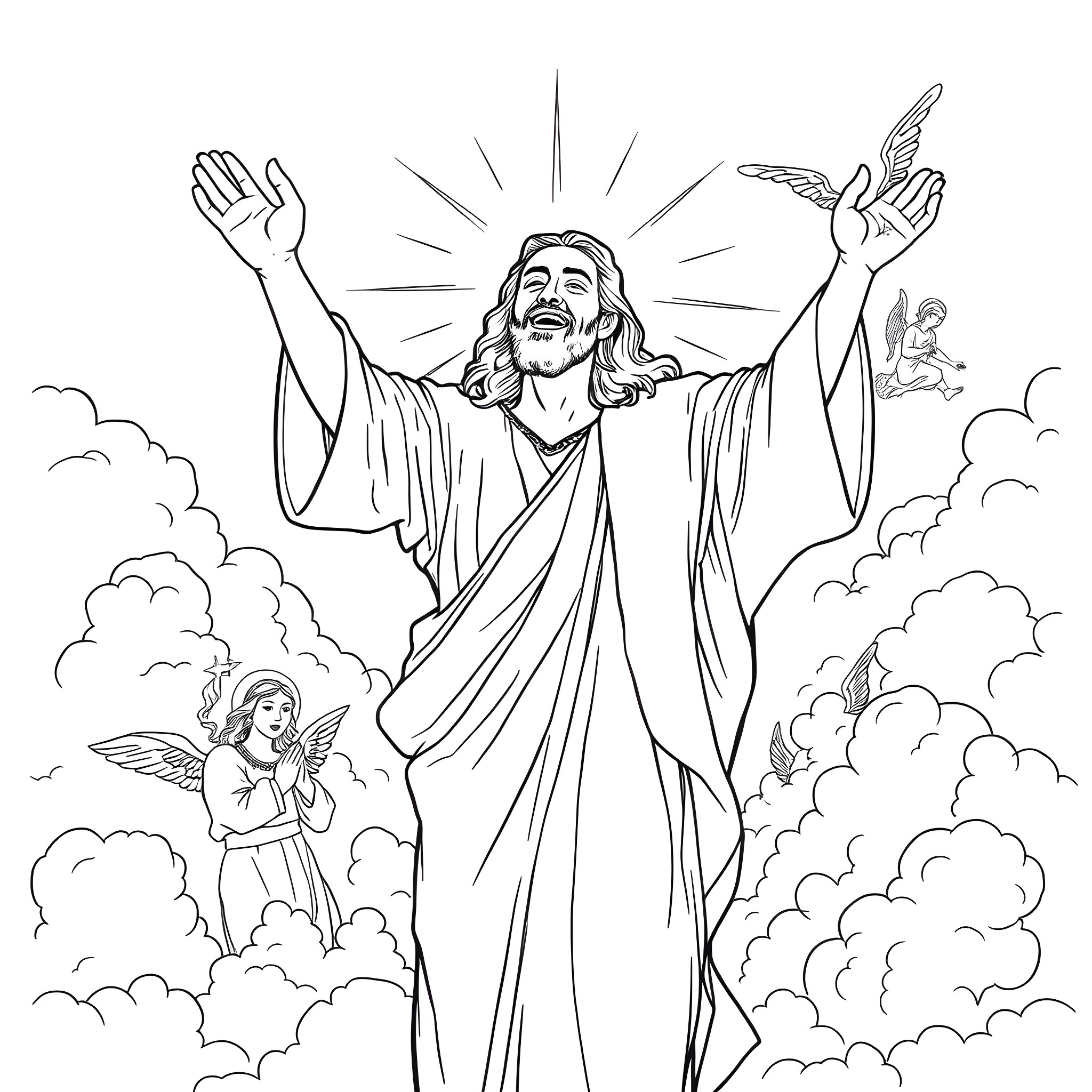 Jesus Christ ascends to Heaven with angelic presence Coloring Page (free black-and-white line drawing printable PDF for all, from beginners to advanced learners, including children, teens, adults, and seniors)