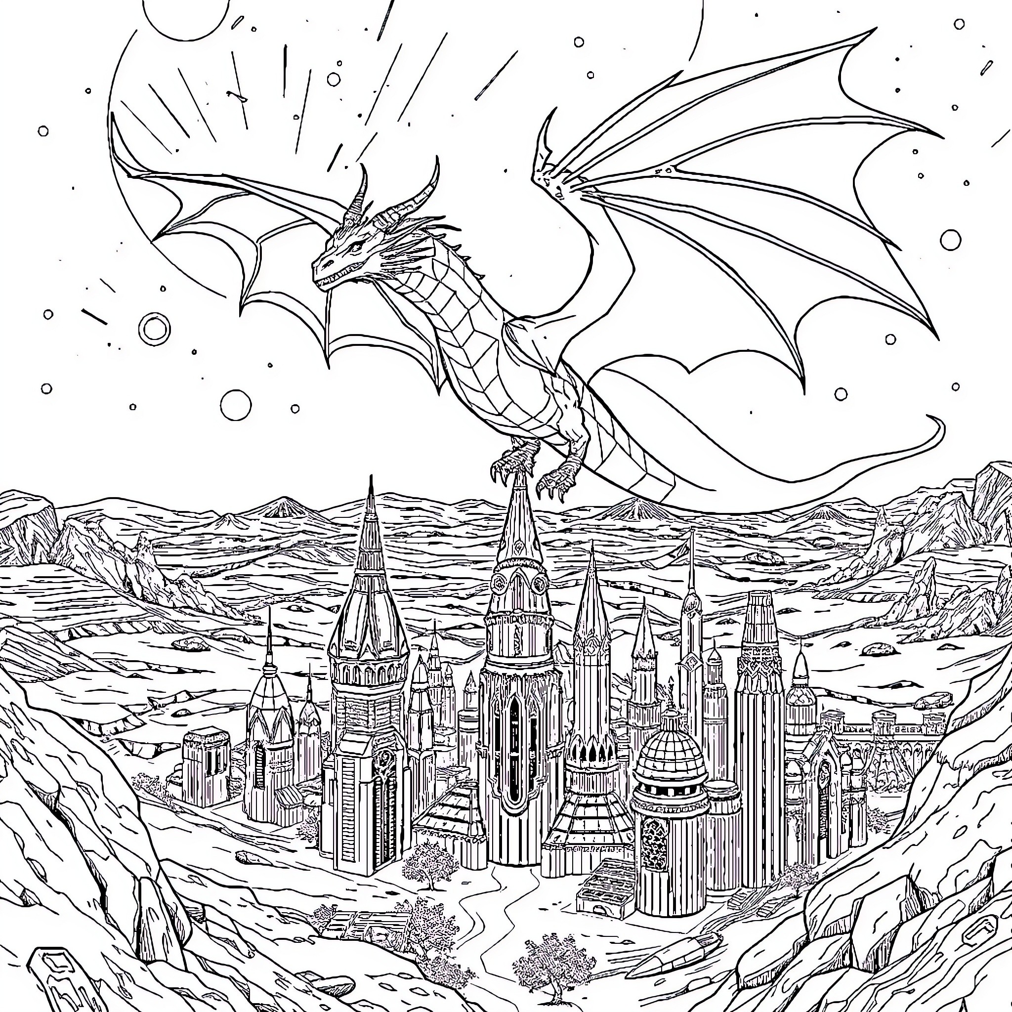 Dragon soaring over a fantastical city landscape Coloring Page (free black-and-white line drawing printable PDF for all, from beginners to advanced learners, including children, teens, adults, and seniors)