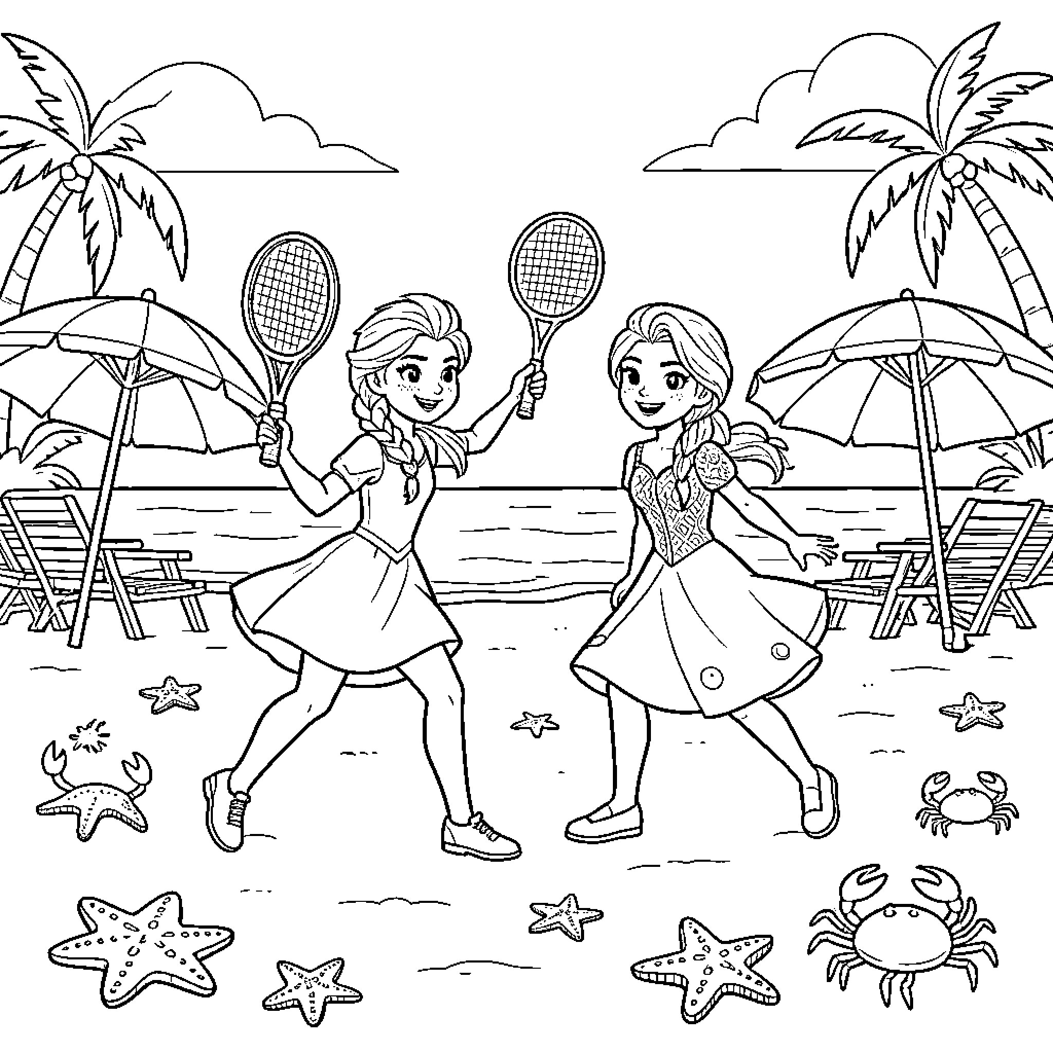 Elsa playing tennis on a tropical beach Coloring Page (free black-and-white line drawing printable PDF for all, from beginners to advanced learners, including children, teens, adults, and seniors)