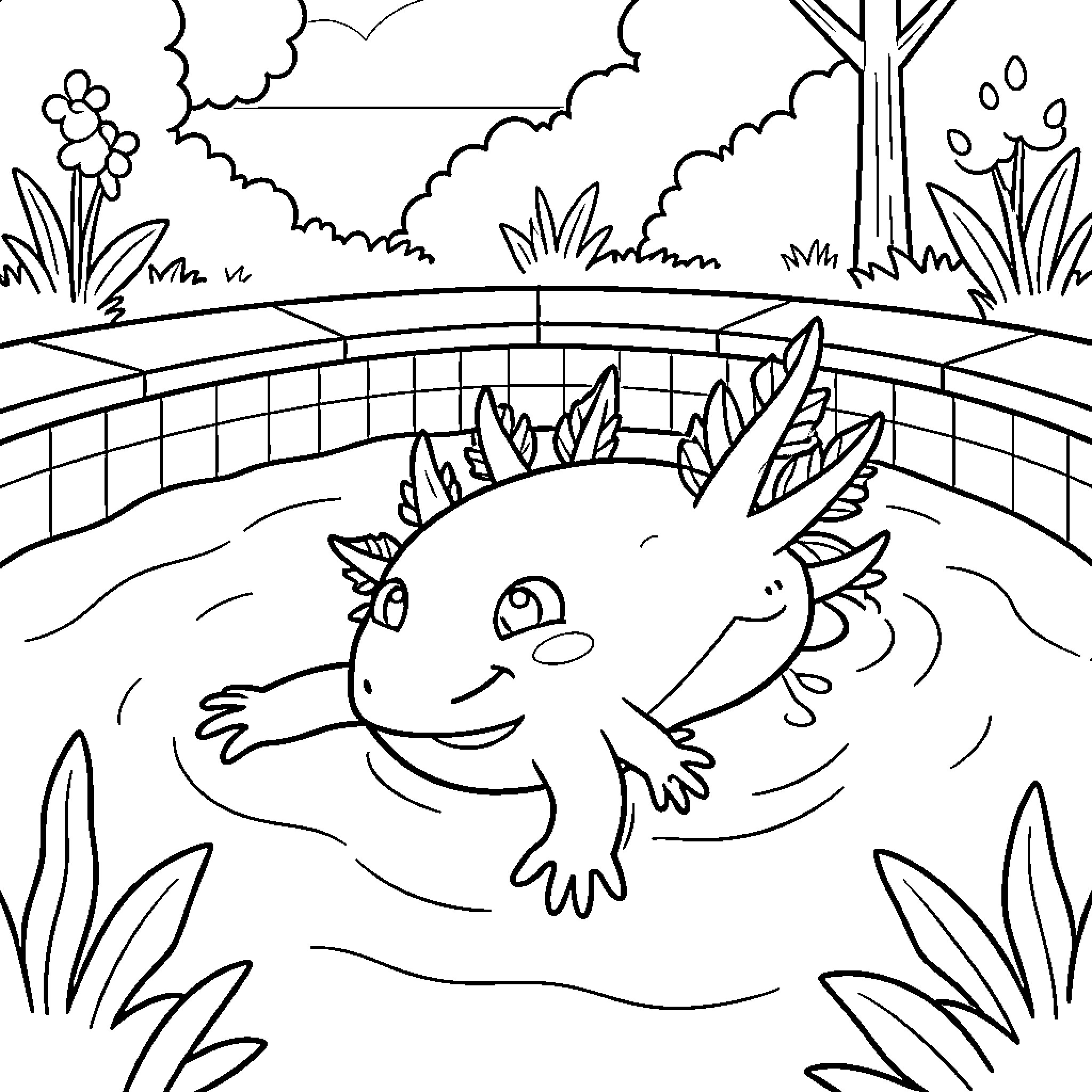 Axolotl swimming happily in a small garden pond Coloring Page (free black-and-white line drawing printable PDF for all, from beginners to advanced learners, including children, teens, adults, and seniors)
