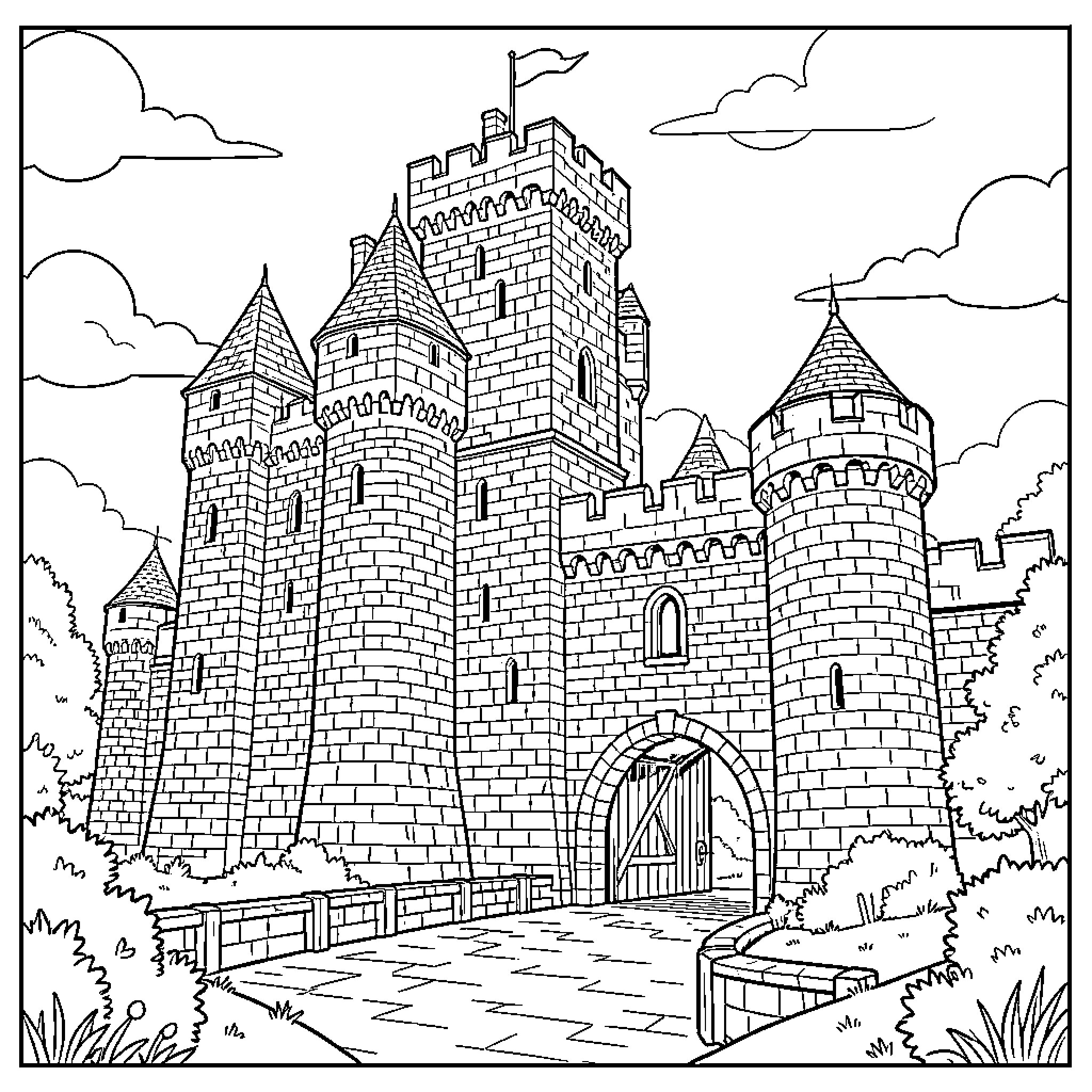 Castle with Towers and Battlements in Scenic Landscape Coloring Page (free black-and-white line drawing printable PDF for all, from beginners to advanced learners, including children, teens, adults, and seniors)