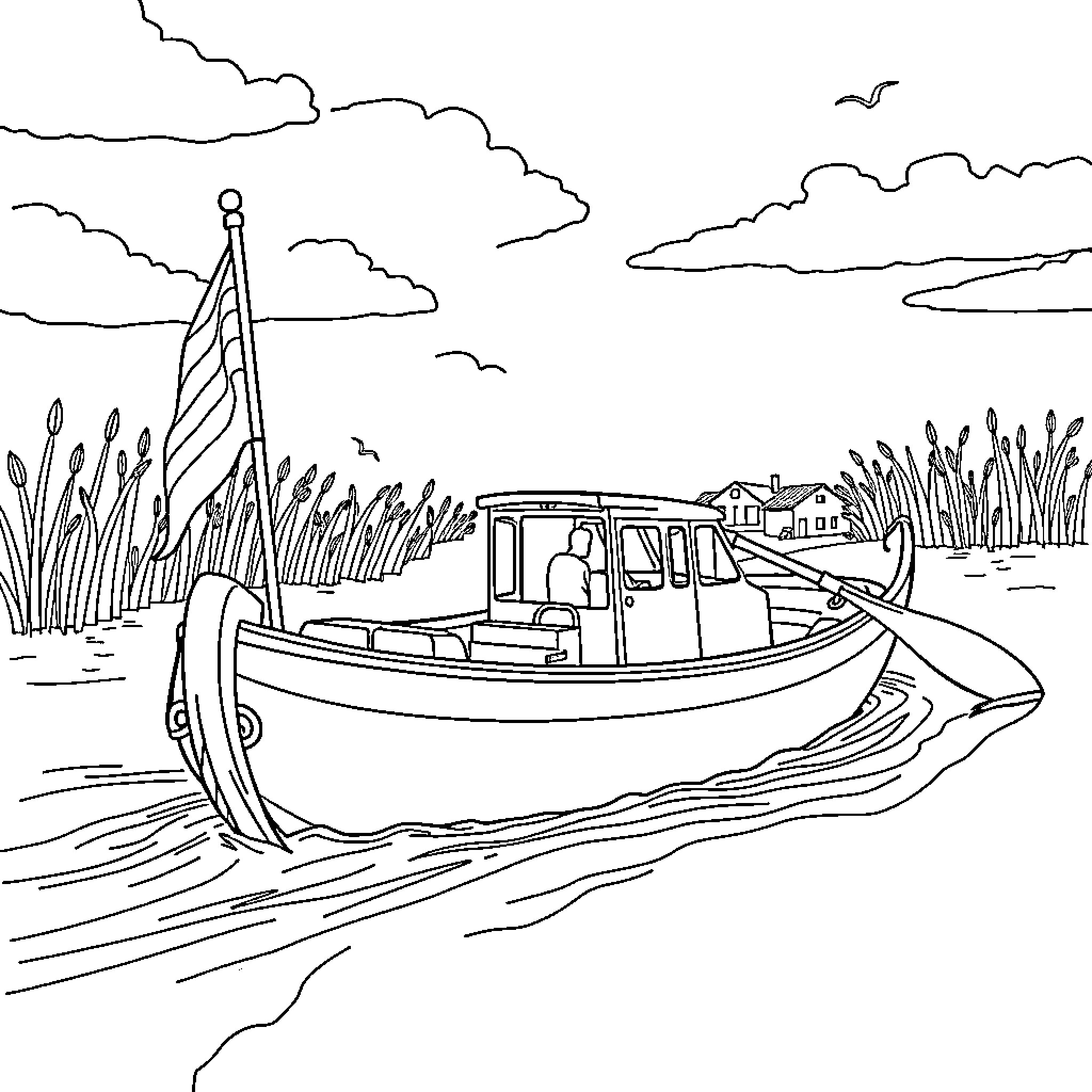 Leek Boat Sailing on Peaceful Waters Coloring Page (free black-and-white line drawing printable PDF for all, from beginners to advanced learners, including children, teens, adults, and seniors)