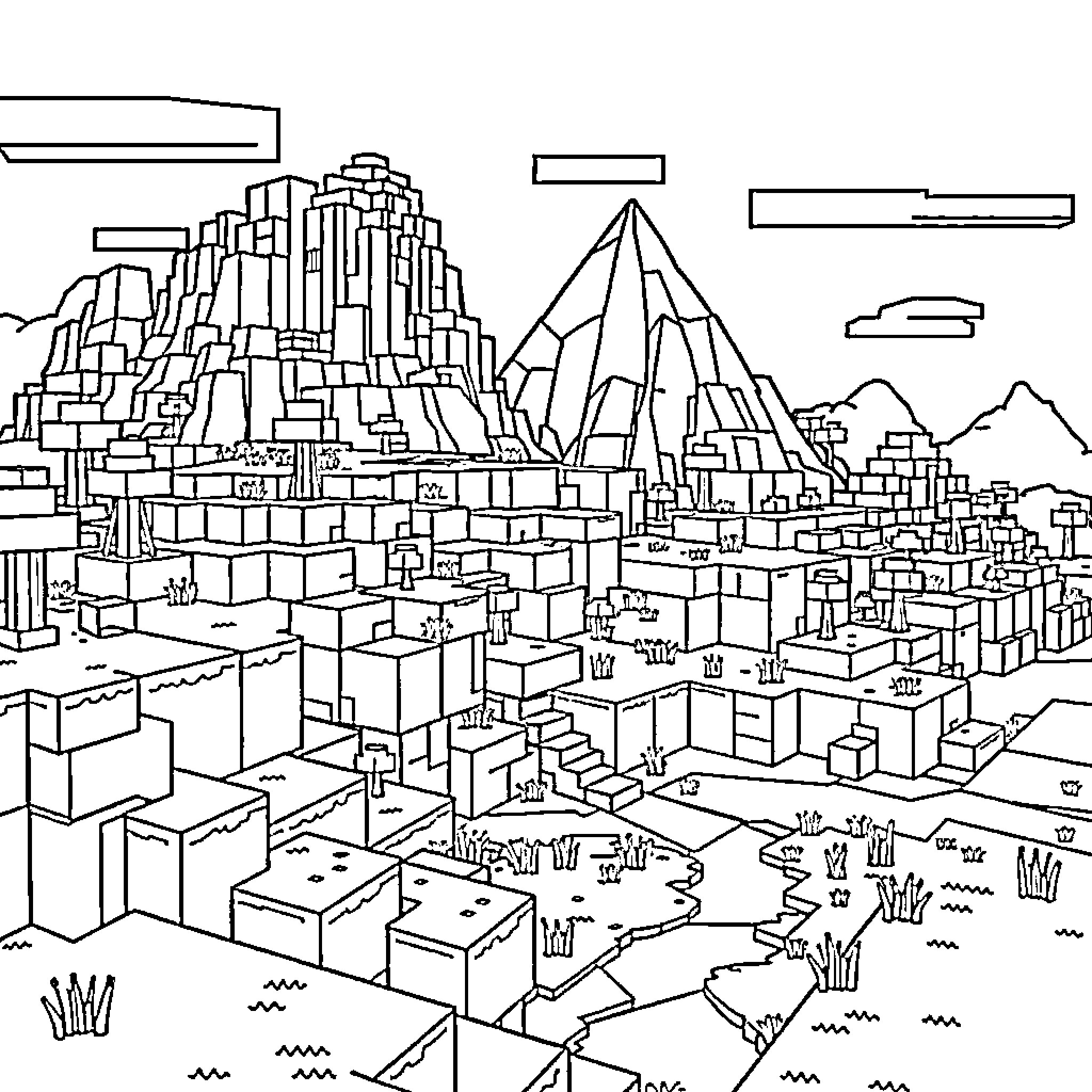 Minecraft Cityscape with Towering Structures and Landscapes Coloring Page (free black-and-white line drawing printable PDF for all, from beginners to advanced learners, including children, teens, adults, and seniors)
