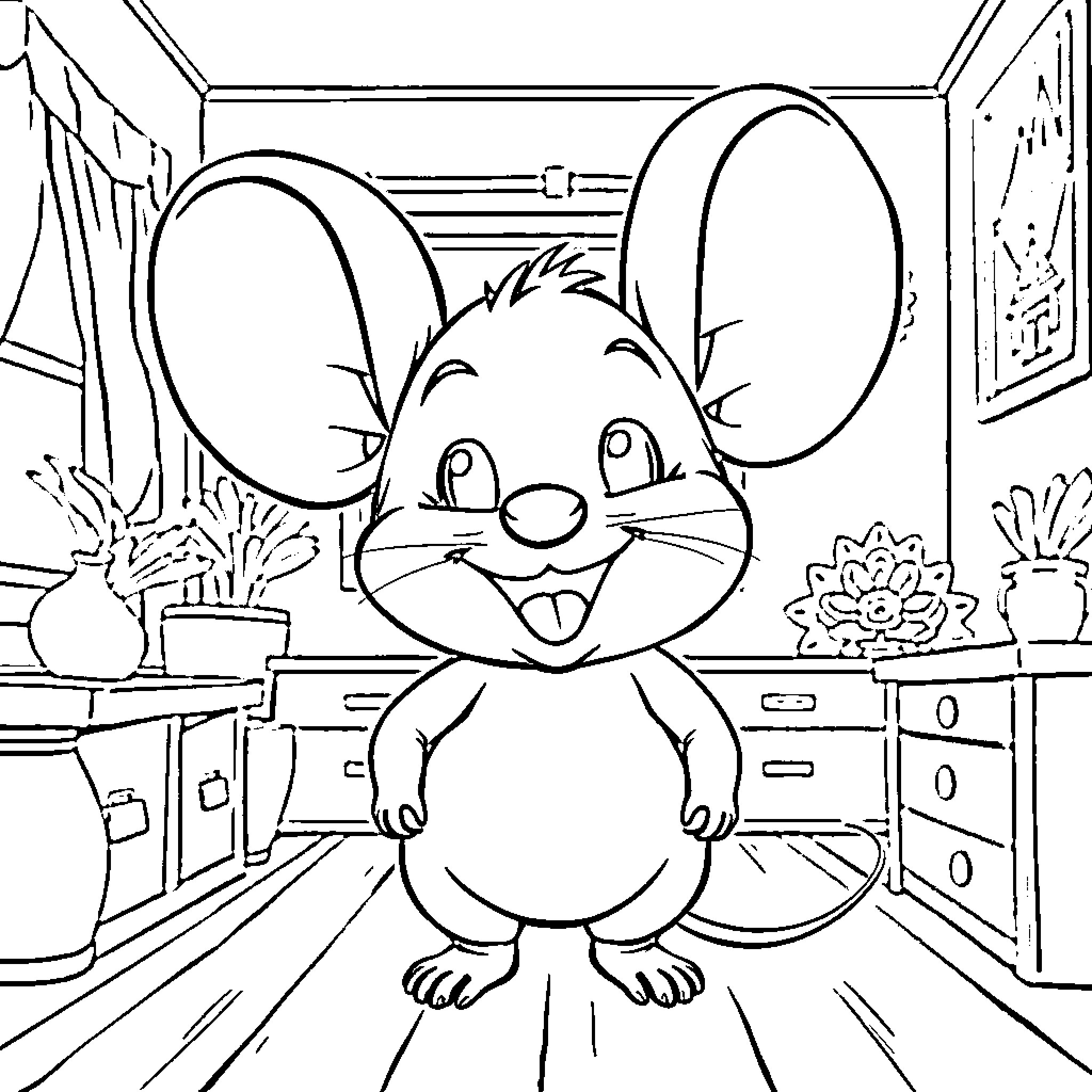 Minimouse getting ready in the bedroom Coloring Page (free black-and-white line drawing printable PDF for all, from beginners to advanced learners, including children, teens, adults, and seniors)