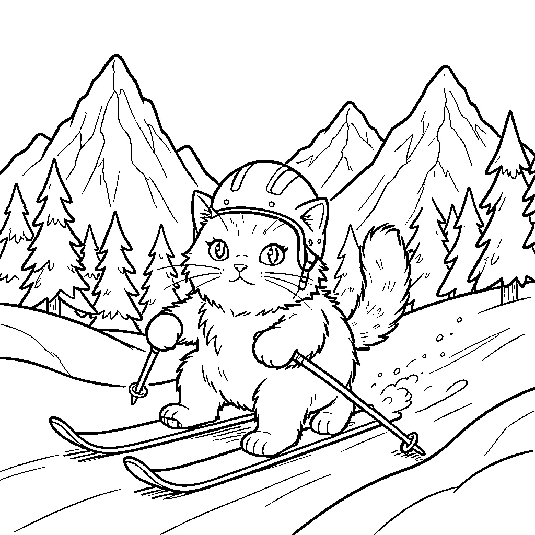 Cat skiing through the snowy mountains Coloring Page (free black-and-white line drawing printable PDF for all, from beginners to advanced learners, including children, teens, adults, and seniors)