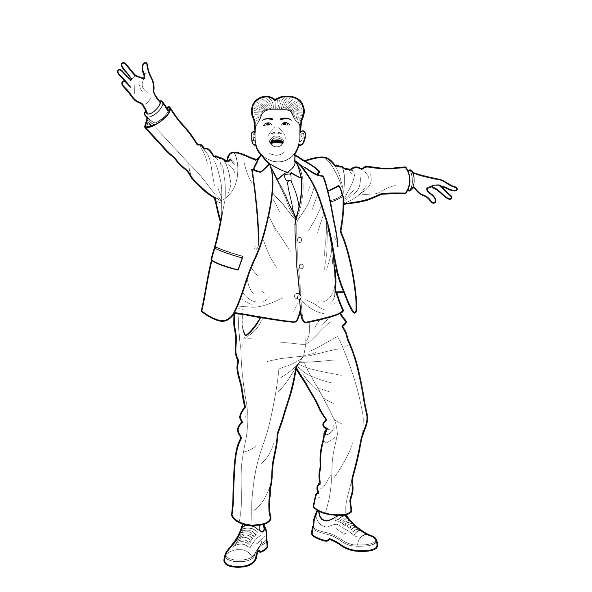 Kim Jong K's triumphant gesture Coloring Page (free black-and-white line drawing printable PDF for all, from beginners to advanced learners, including children, teens, adults, and seniors)