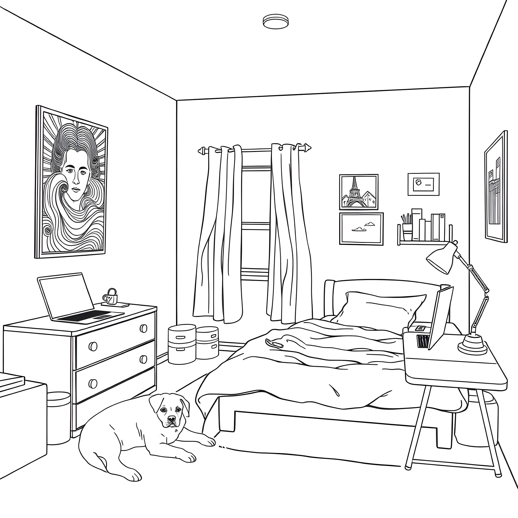 Boy's cozy bedroom with dog Coloring Page (free black-and-white line drawing printable PDF for all, from beginners to advanced learners, including children, teens, adults, and seniors)