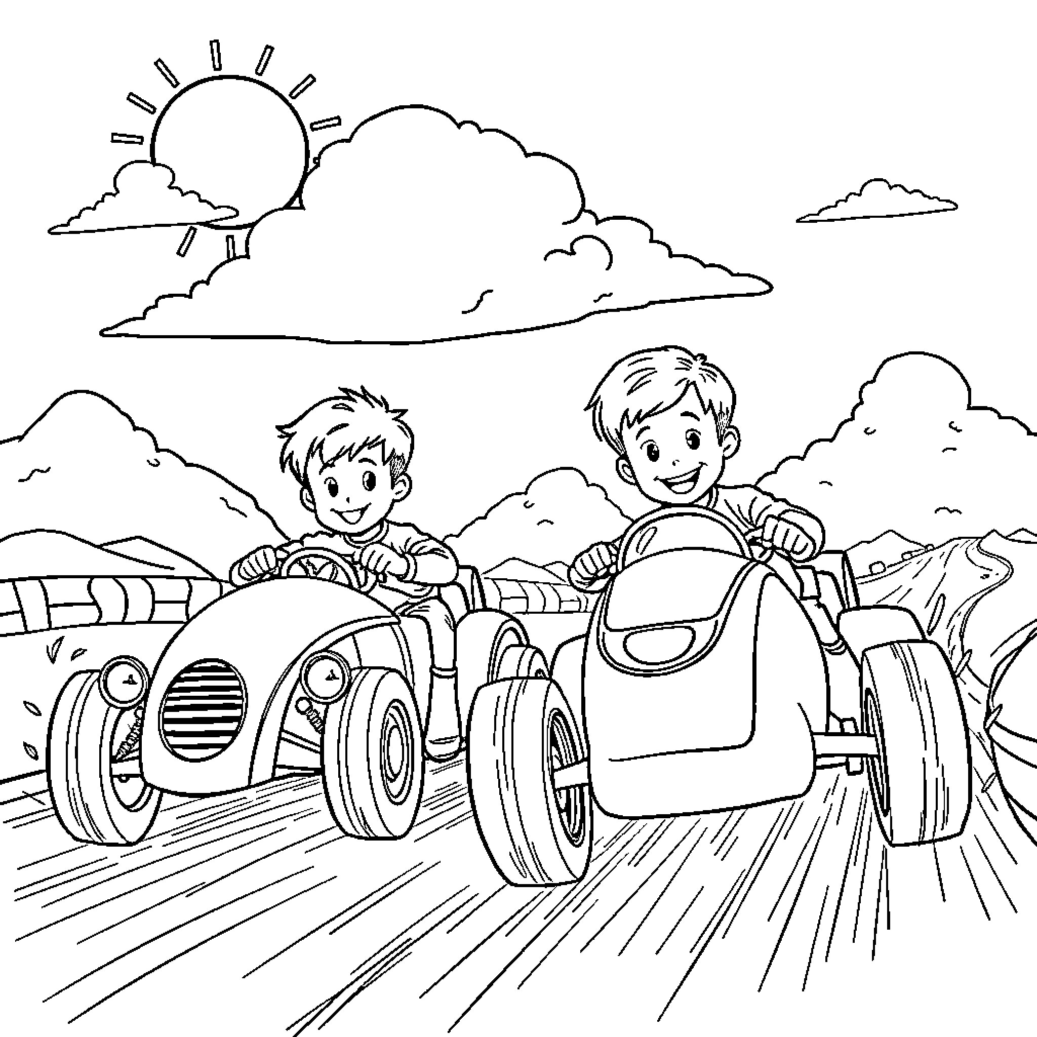 Brother Racers Speeding Down the Road Coloring Page (free black-and-white line drawing printable PDF for all, from beginners to advanced learners, including children, teens, adults, and seniors)