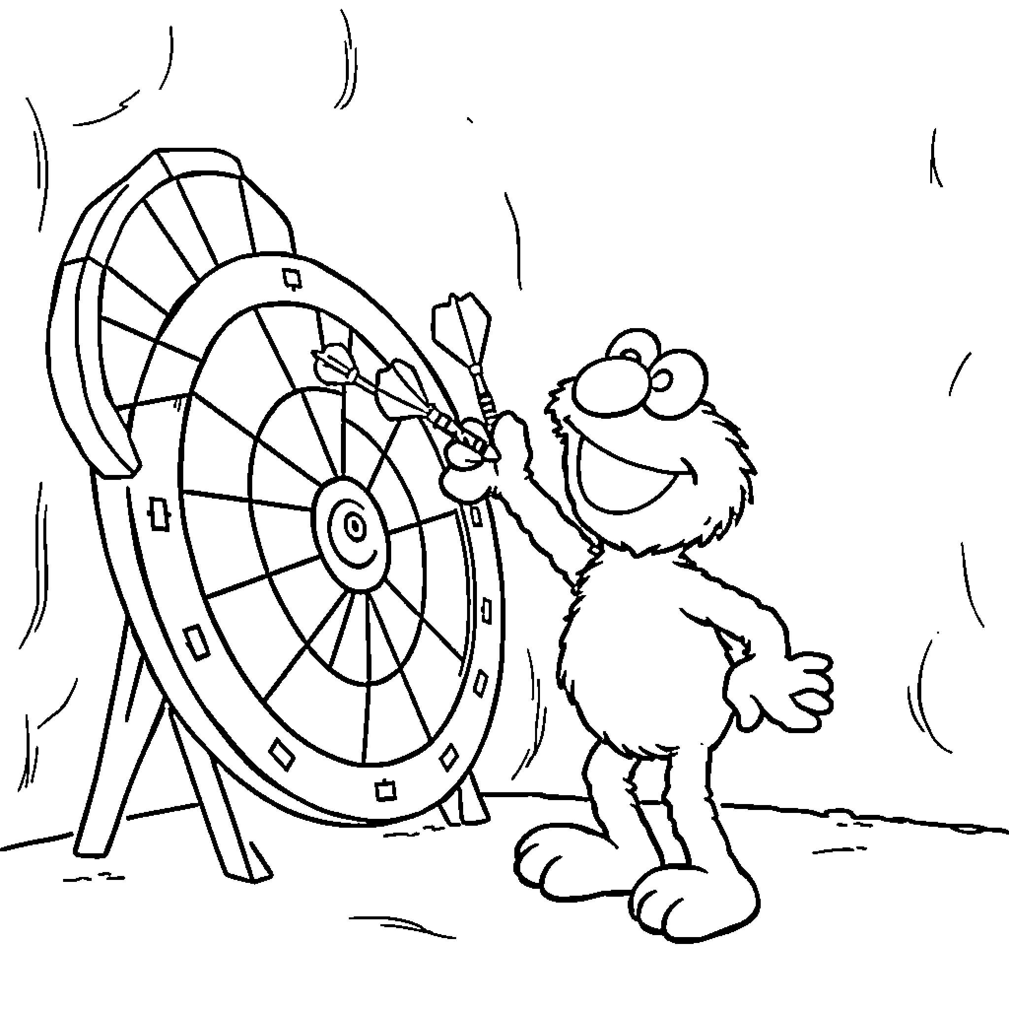 Elmo playing darts at carnival Coloring Page (free black-and-white line drawing printable PDF for all, from beginners to advanced learners, including children, teens, adults, and seniors)