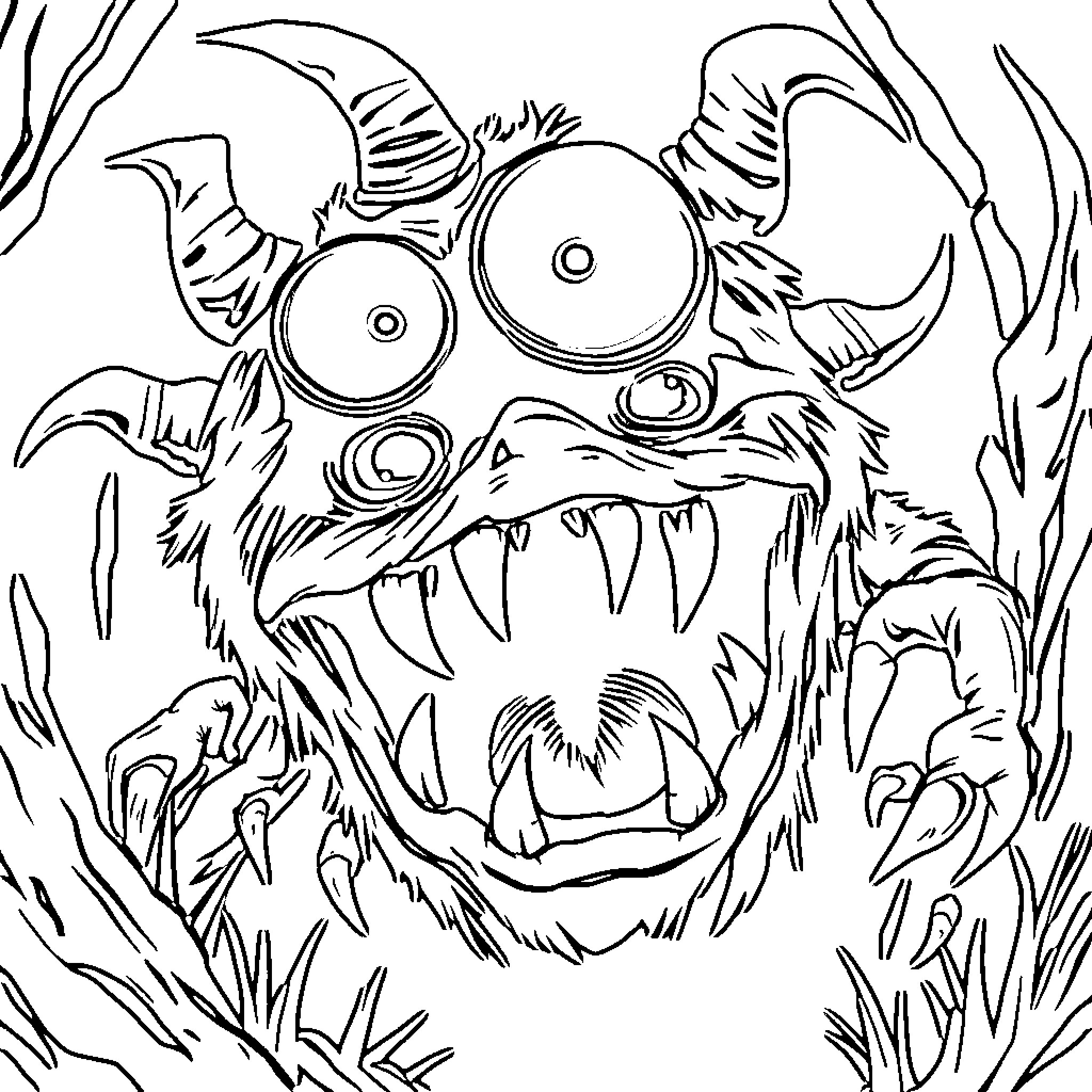 Monster with Fearsome Appearance Emerging from the Undergrowth Coloring Page (free black-and-white line drawing printable PDF for all, from beginners to advanced learners, including children, teens, adults, and seniors)