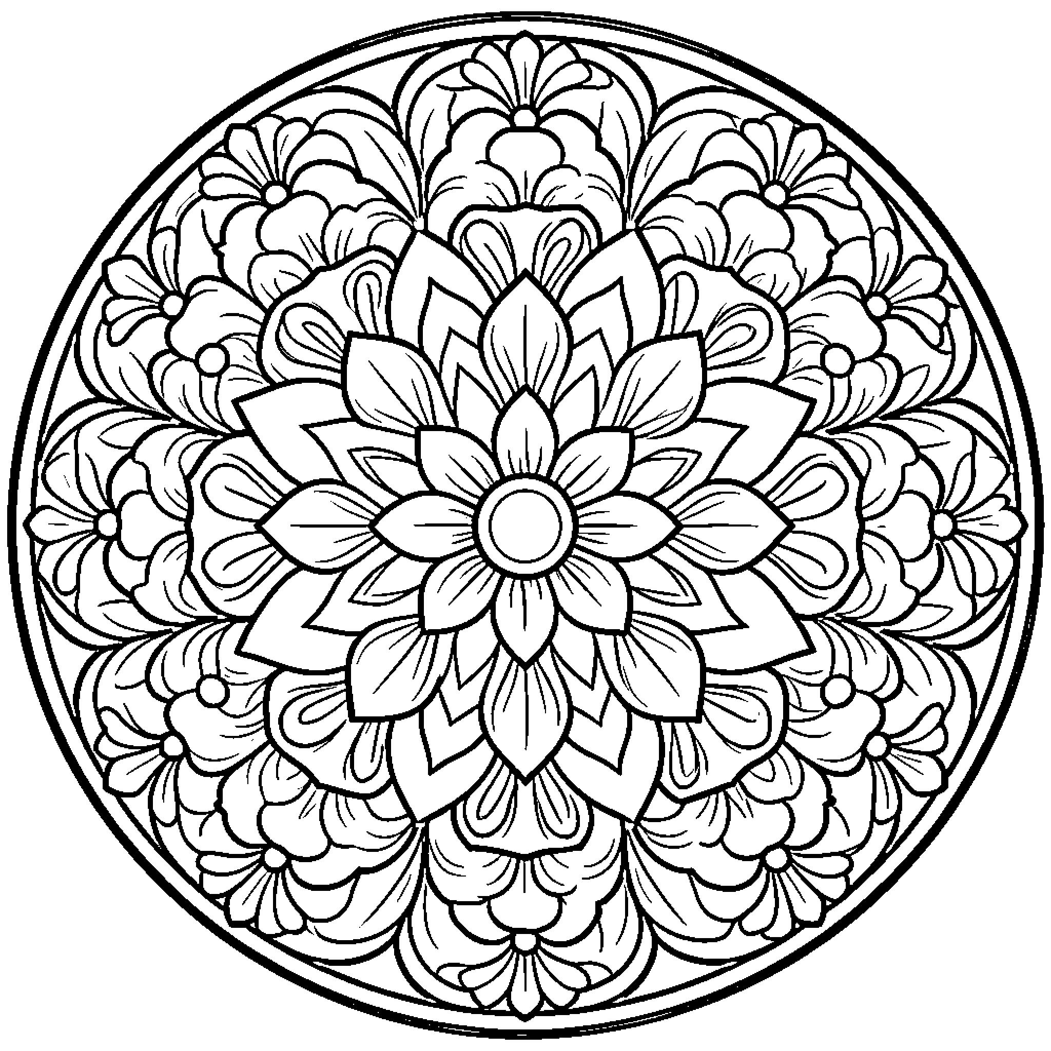 Mandala with intricate floral patterns Coloring Page (free black-and-white line drawing printable PDF for all, from beginners to advanced learners, including children, teens, adults, and seniors)