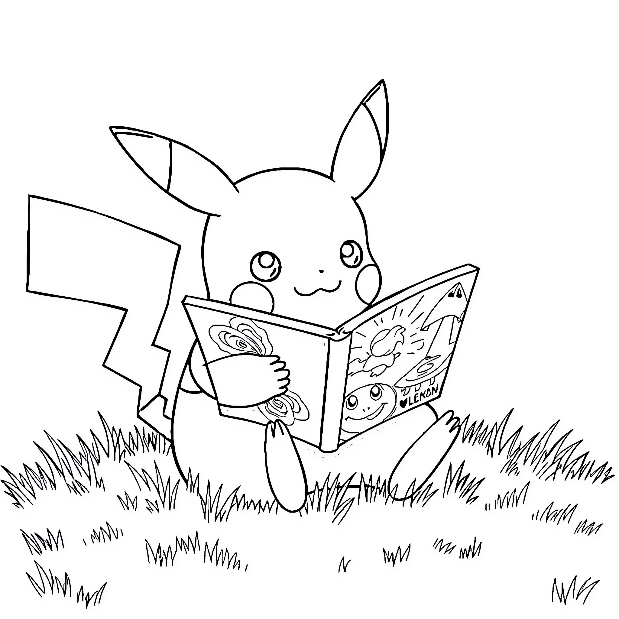 Pikachu reading a book in the grass Coloring Page (free black-and-white line drawing printable PDF for all, from beginners to advanced learners, including children, teens, adults, and seniors)