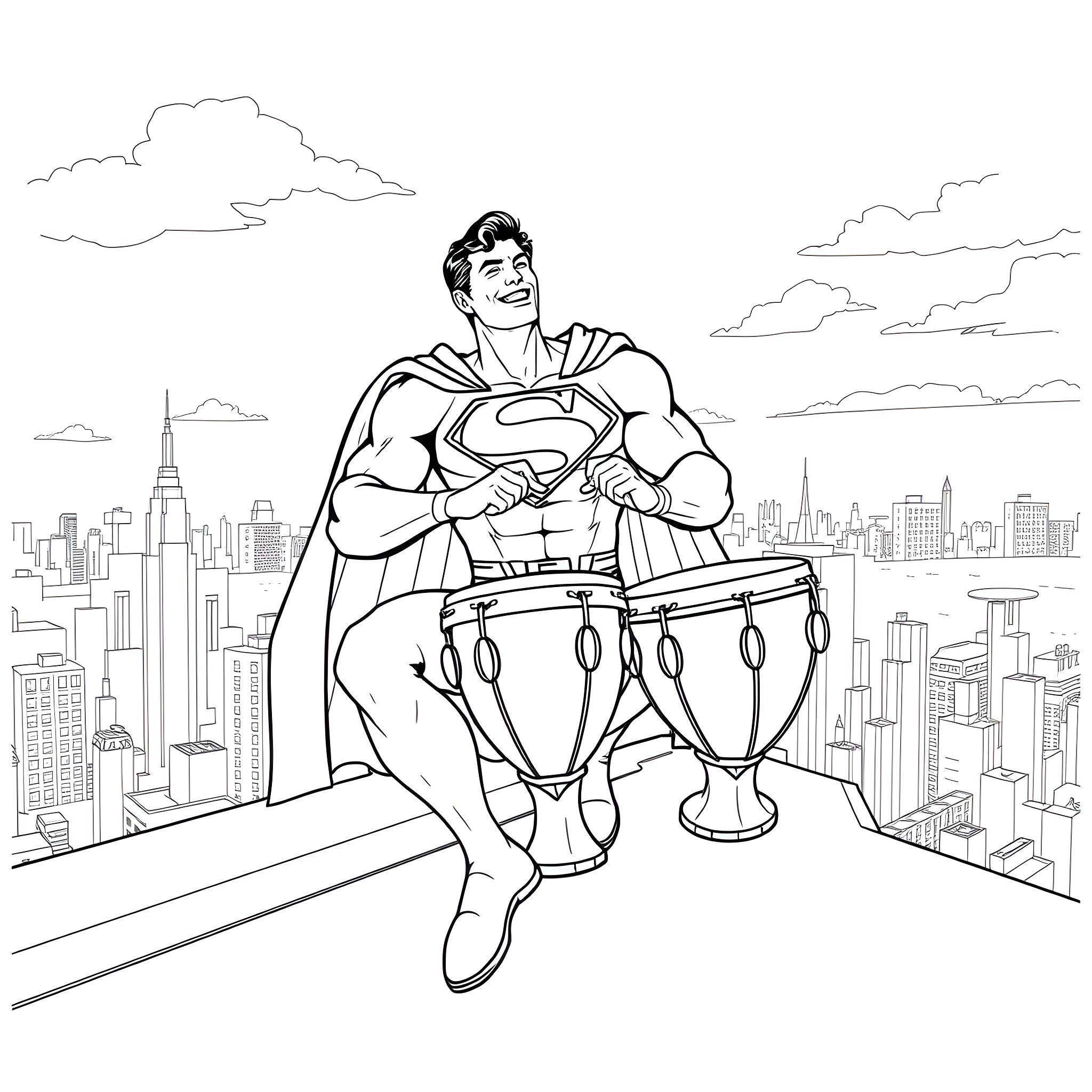 Superman playing drums on top of a city skyline Coloring Page (free black-and-white line drawing printable PDF for all, from beginners to advanced learners, including children, teens, adults, and seniors)