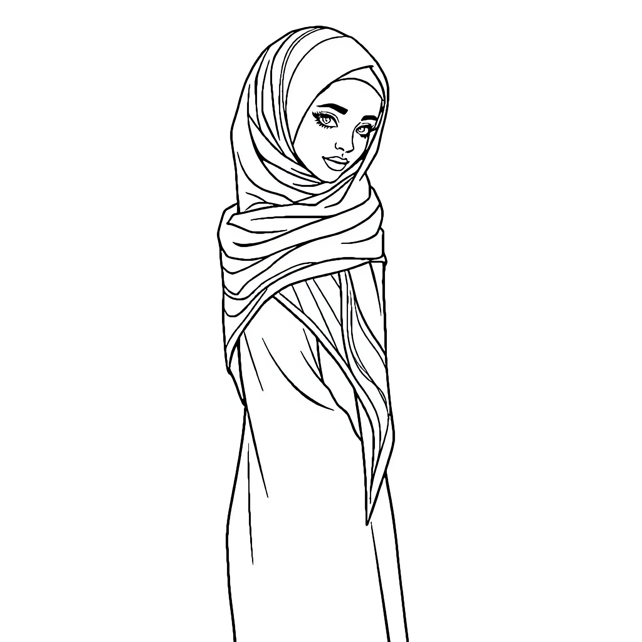 Princess in Elegant Hijab Attire Coloring Page (free black-and-white line drawing printable PDF for all, from beginners to advanced learners, including children, teens, adults, and seniors)