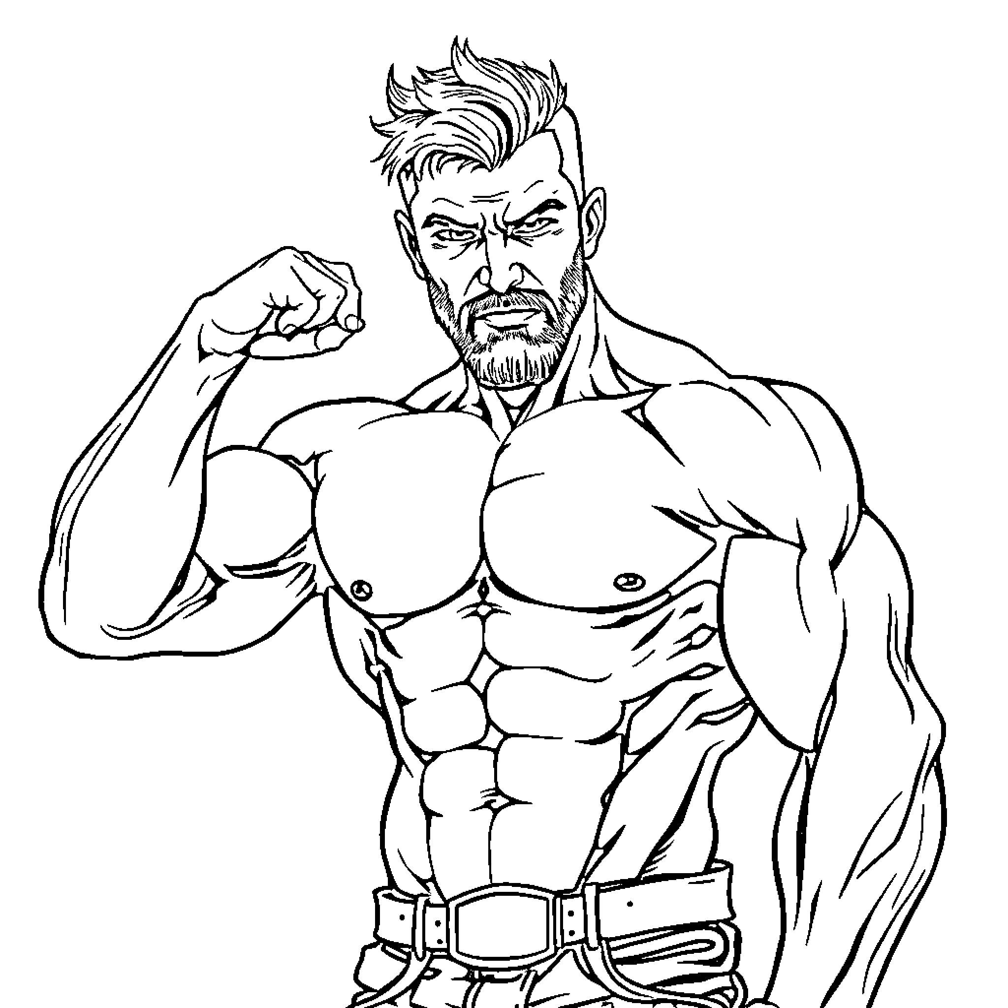 Homme Showing Off Muscular Physique and Confident Expression Coloring Page (free black-and-white line drawing printable PDF for all, from beginners to advanced learners, including children, teens, adults, and seniors)